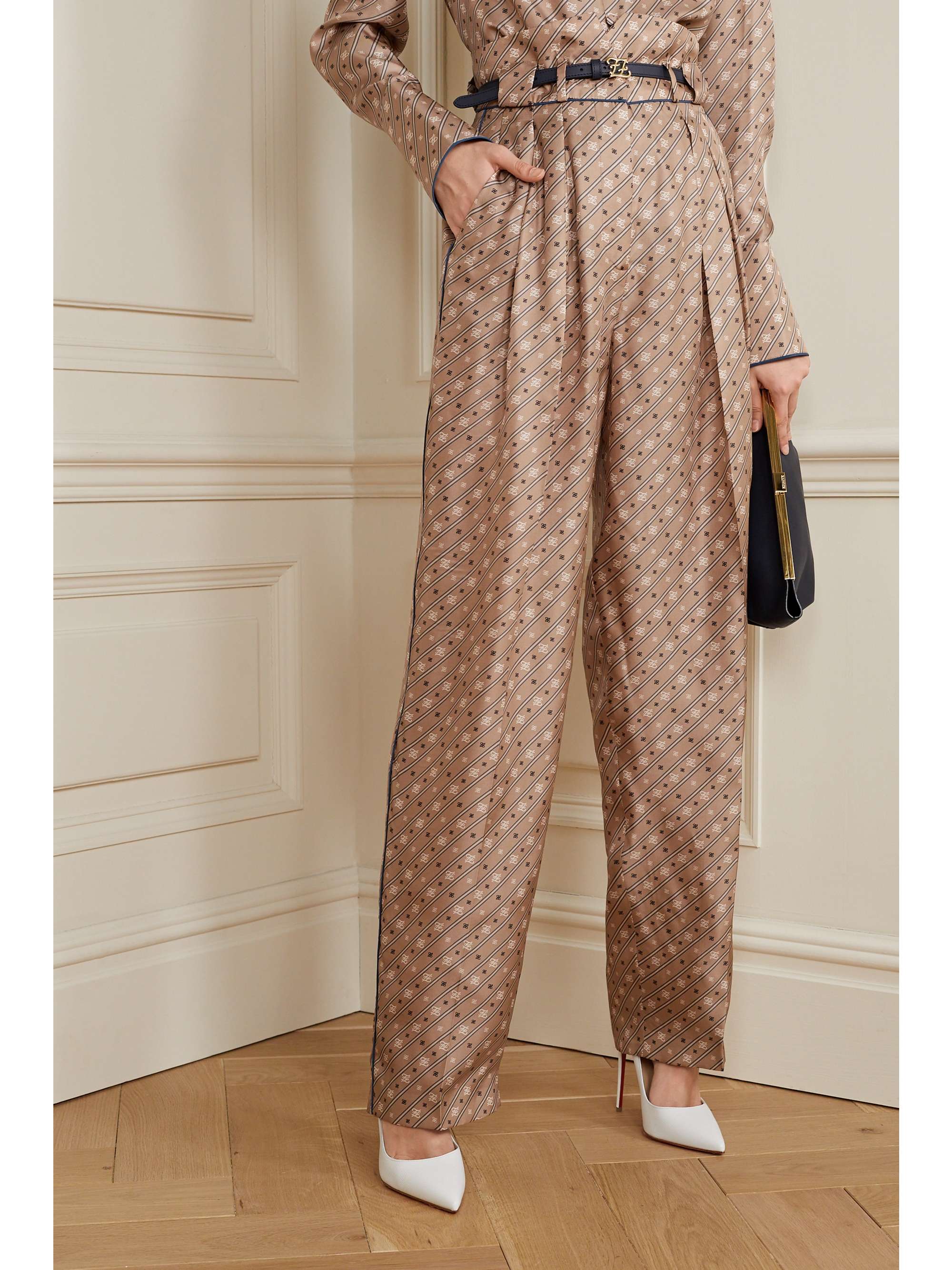 FENDI Belted printed silk-satin twill wide-leg pants