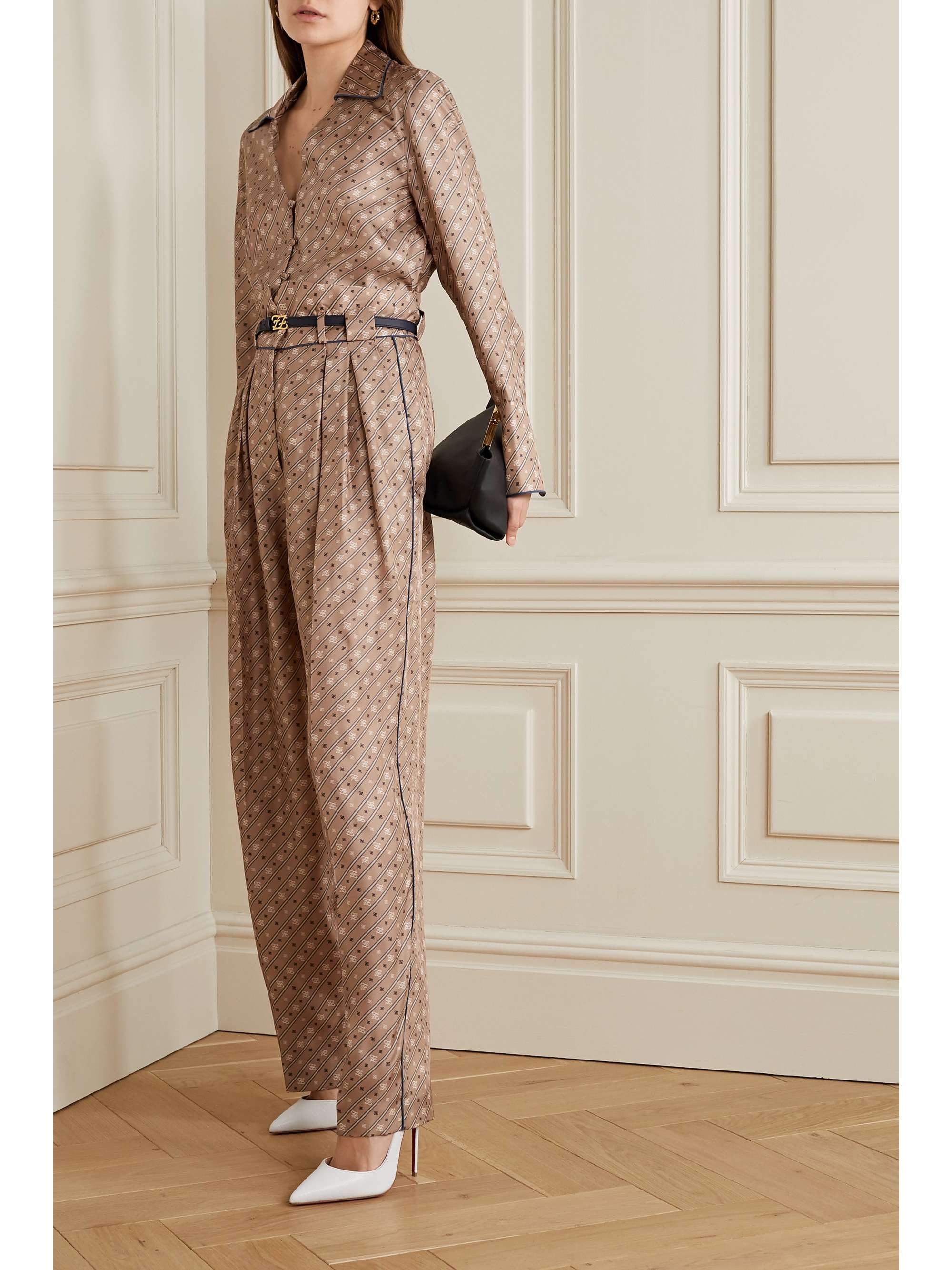 FENDI Belted printed silk-satin twill wide-leg pants