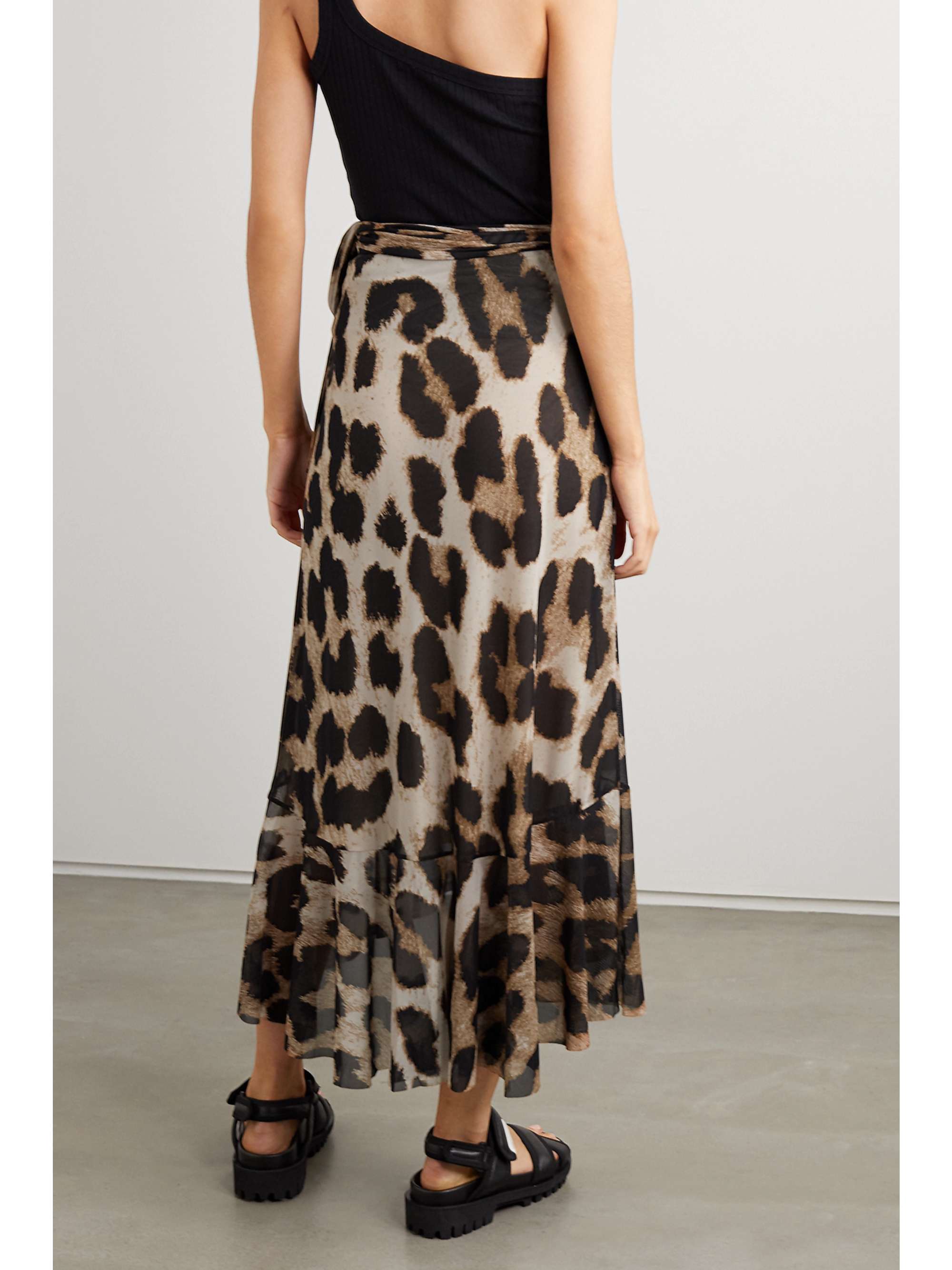 GANNI Ruffled leopard-print stretch-mesh wrap skirt