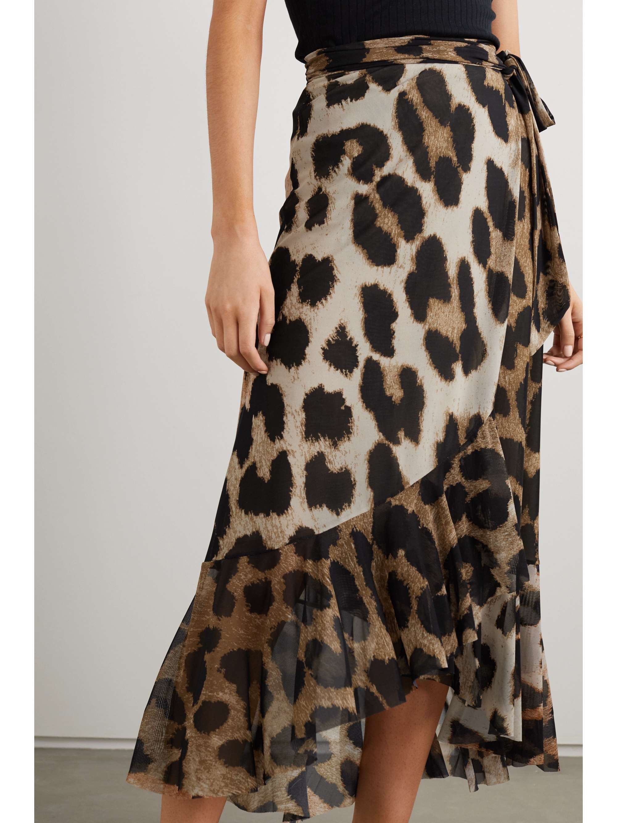 GANNI Ruffled leopard-print stretch-mesh wrap skirt