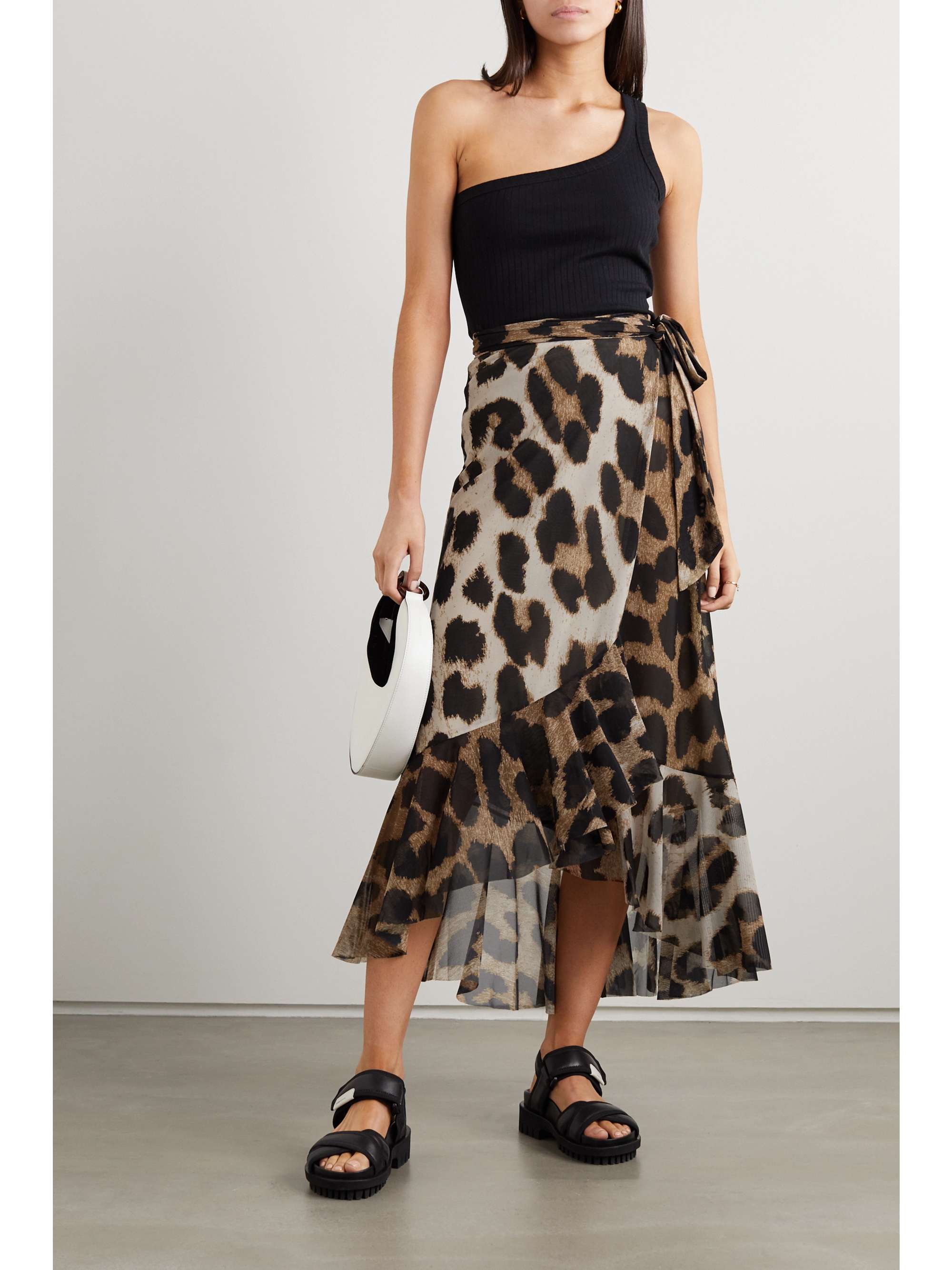 GANNI Ruffled leopard-print stretch-mesh wrap skirt