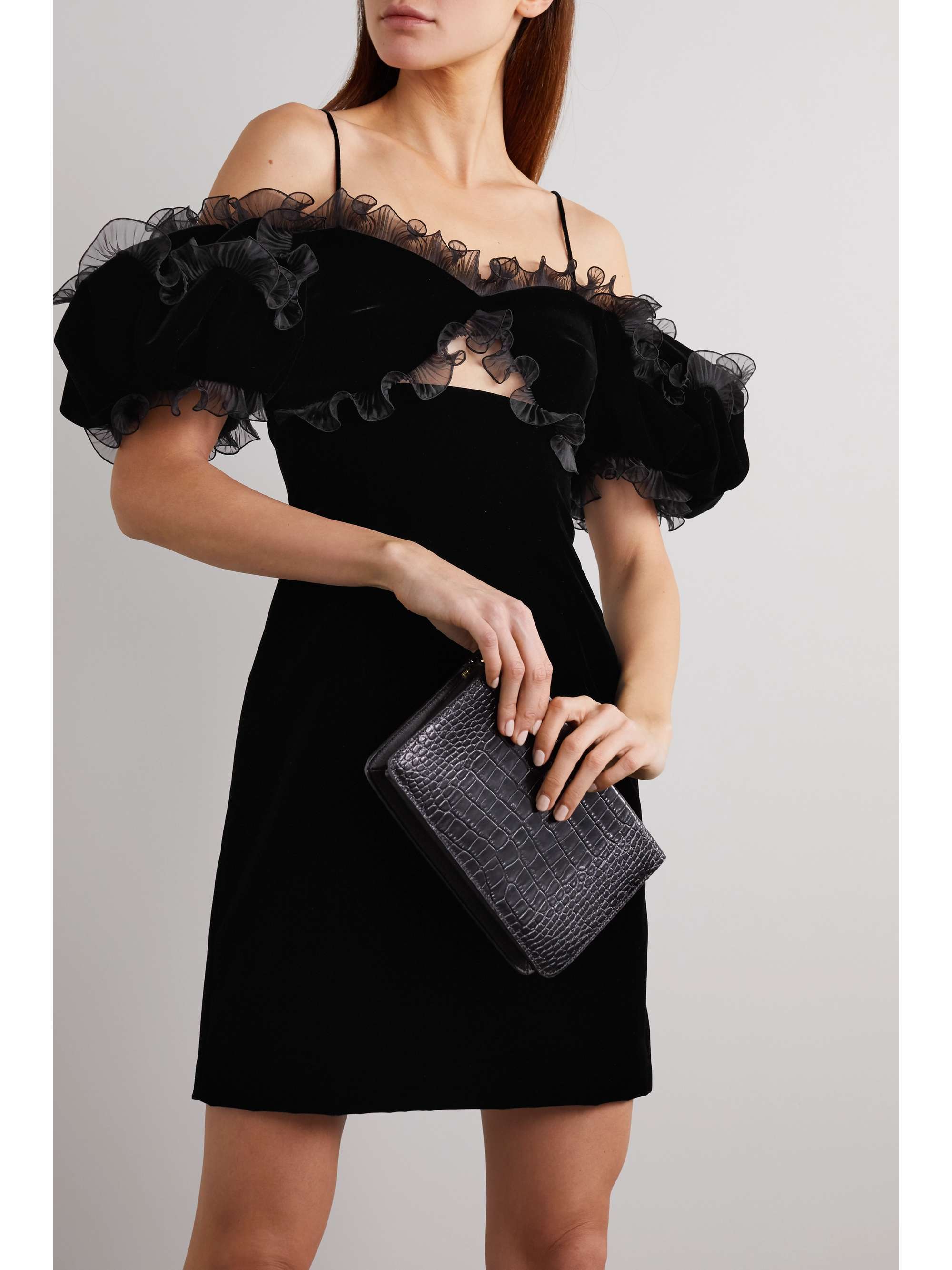 GIVENCHY Cutout ruffled plissé organza-trimmed velvet mini dress