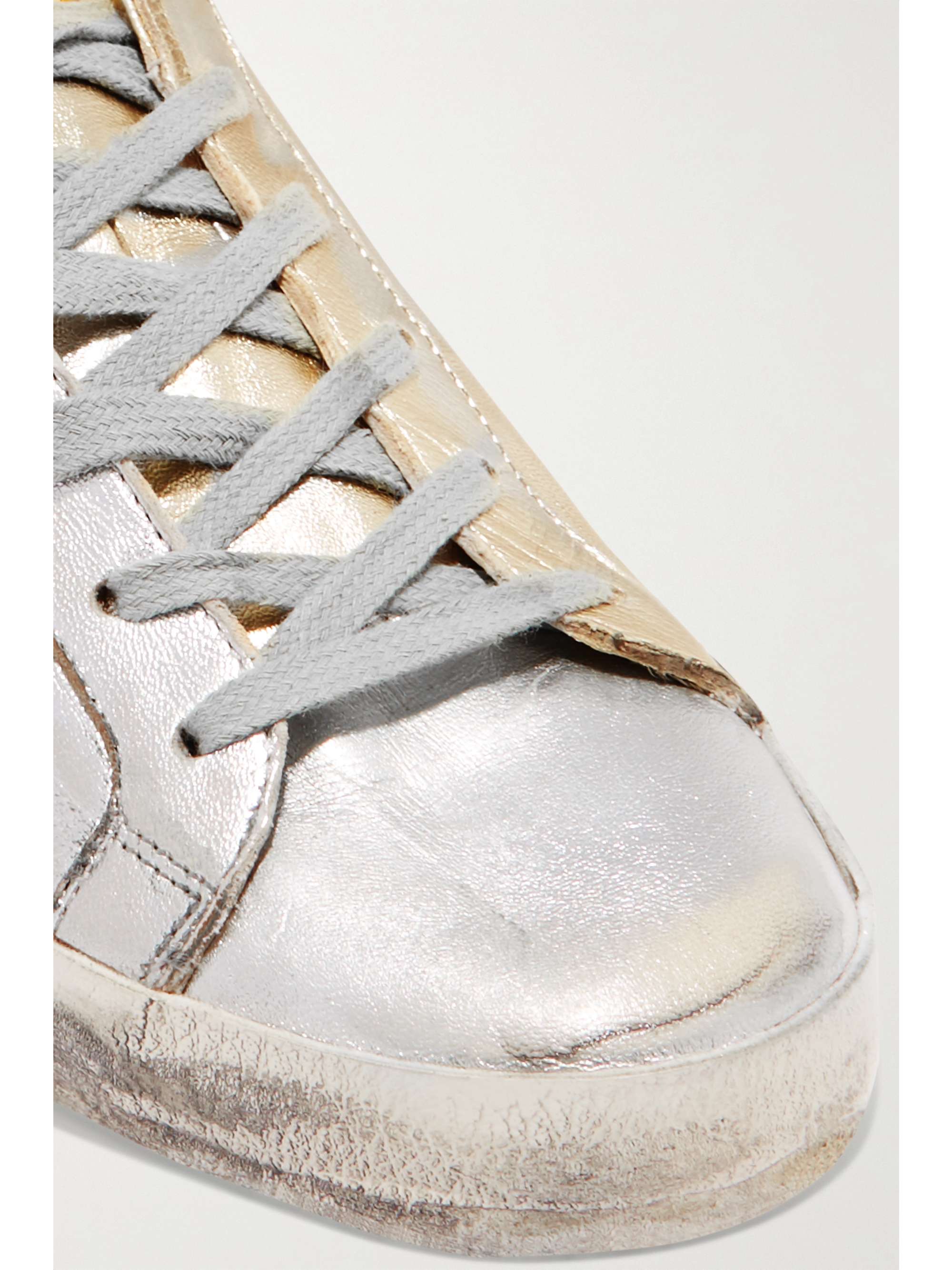 Silver Superstar Two Tone Distressed Metallic Leather Sneakers Golden Goose Net A Porter