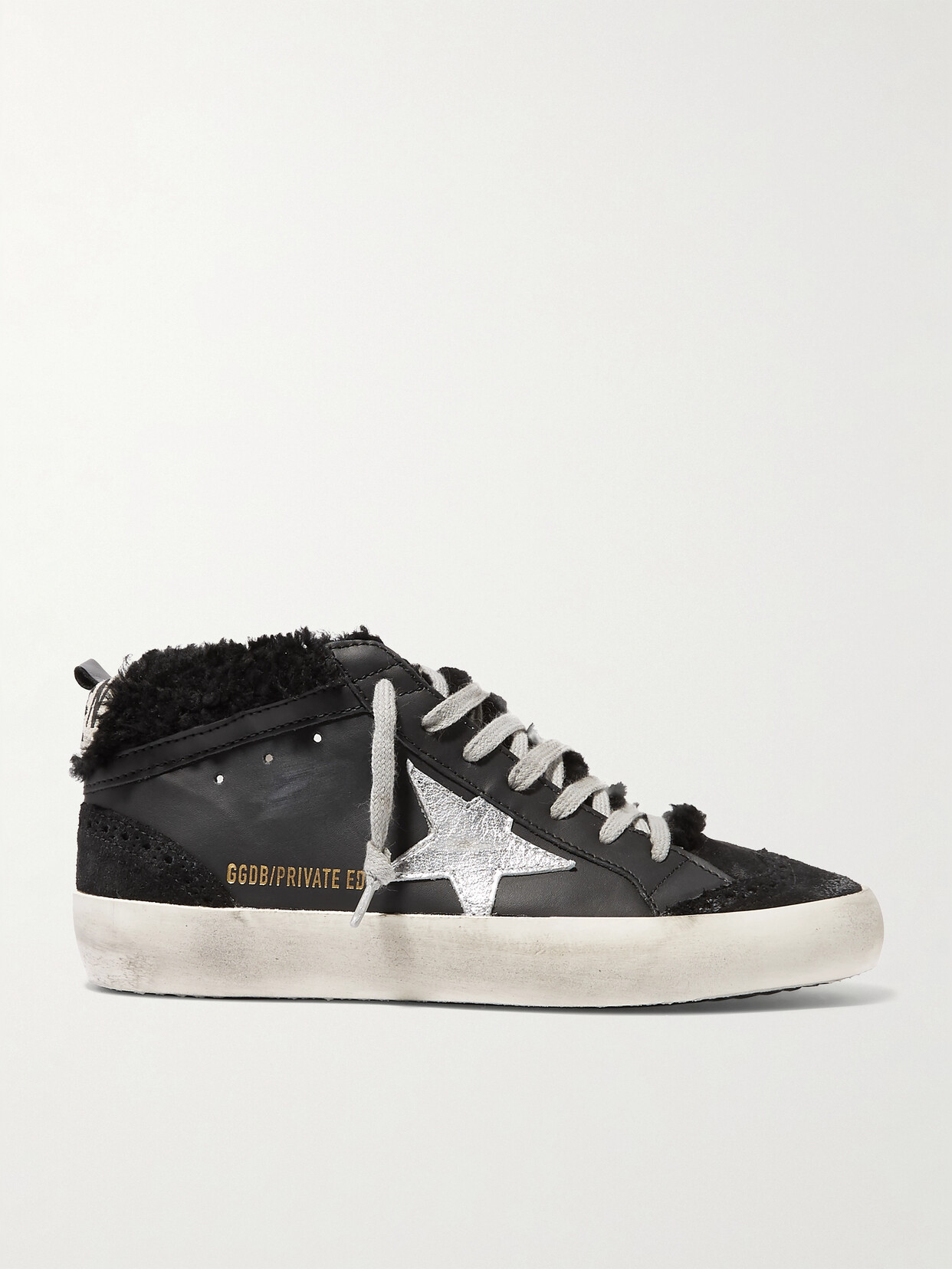 Golden Goose Mid Star Shearling-lined Distressed Leather And Suede Trainers In Black