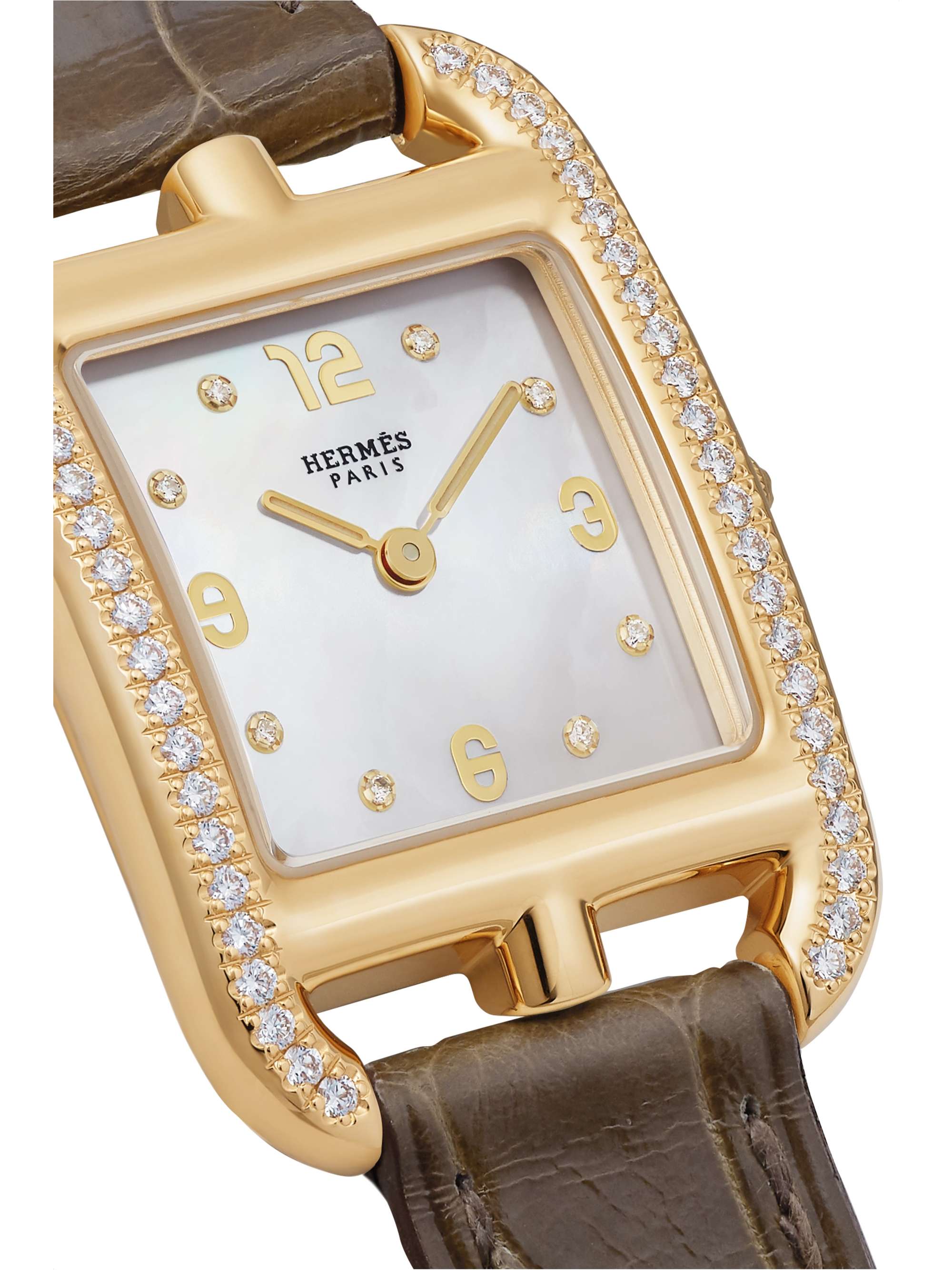 HERMÈS TIMEPIECES Cape Cod 23mm small 18-karat gold, alligator, mother-of-pearl and diamond watch