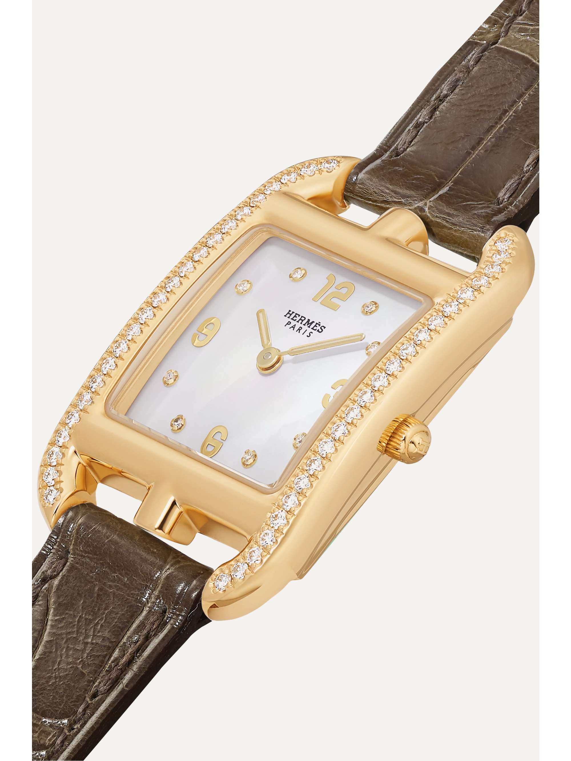 HERMÈS TIMEPIECES Cape Cod 23mm small 18-karat gold, alligator, mother-of-pearl and diamond watch