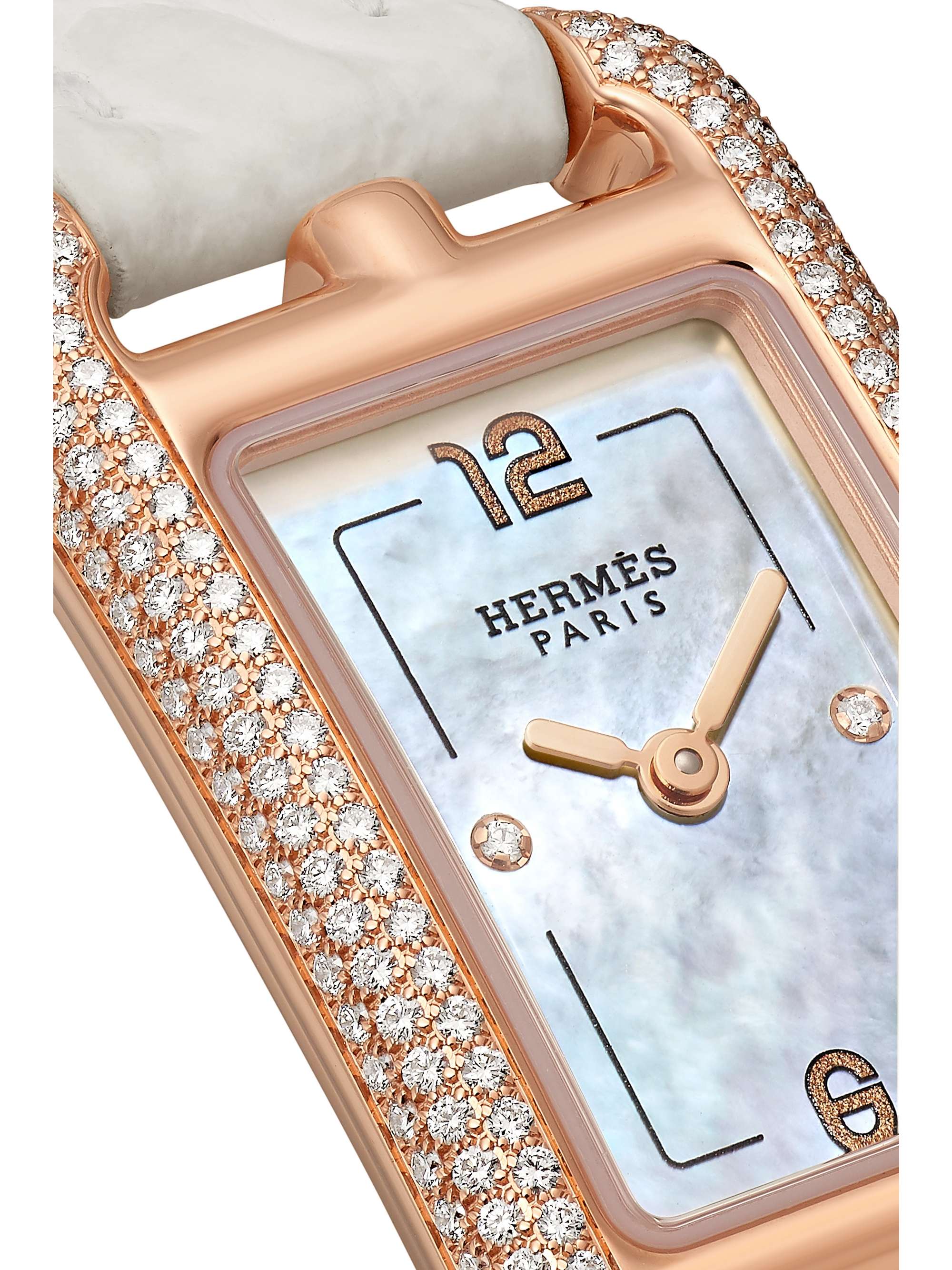 HERMÈS TIMEPIECES Nantucket 17mm very small 18-karat rose gold, alligator, mother-of-pearl and diamond watch