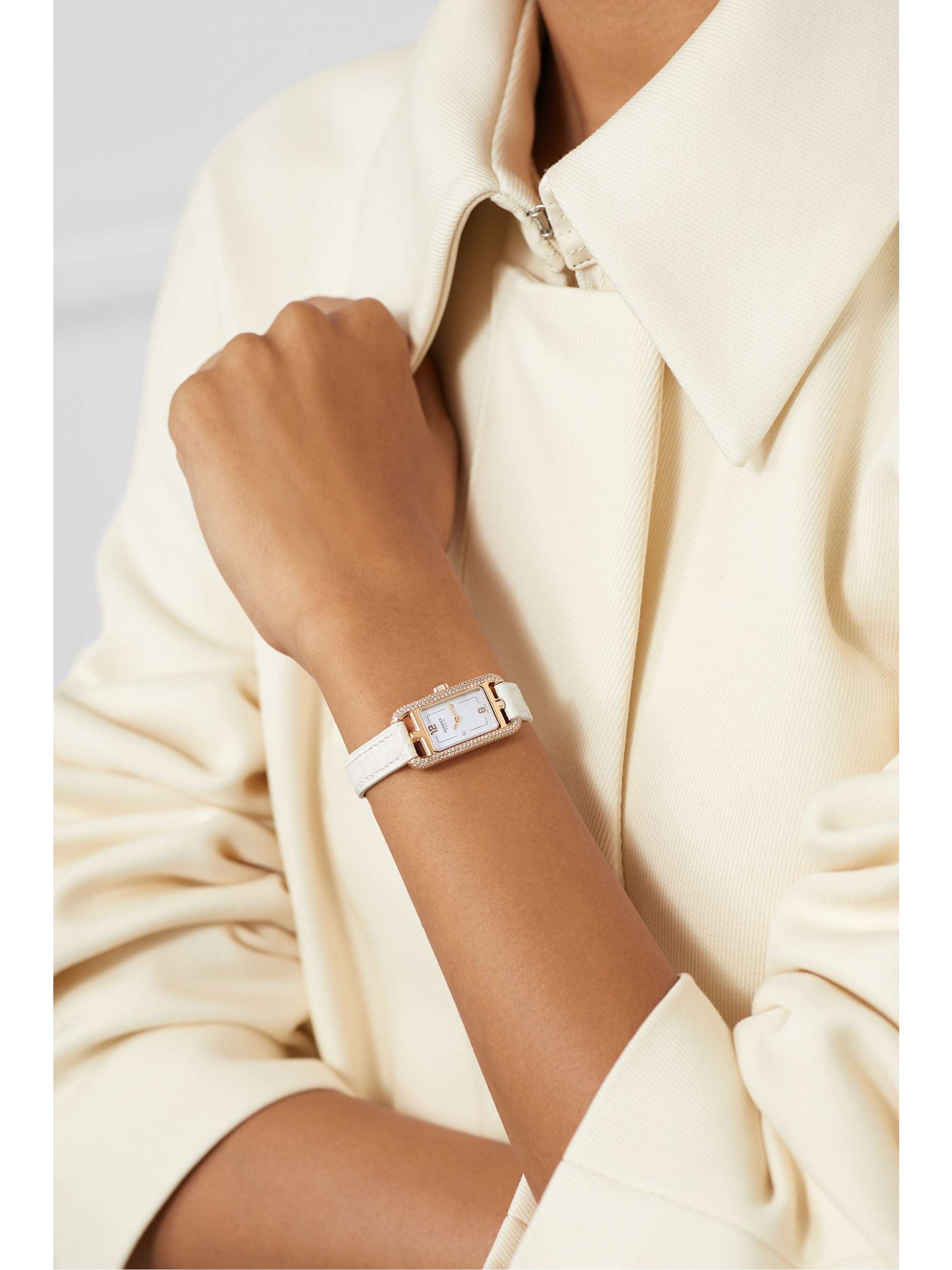 HERMÈS TIMEPIECES Nantucket 17mm very small 18-karat rose gold, alligator, mother-of-pearl and diamond watch