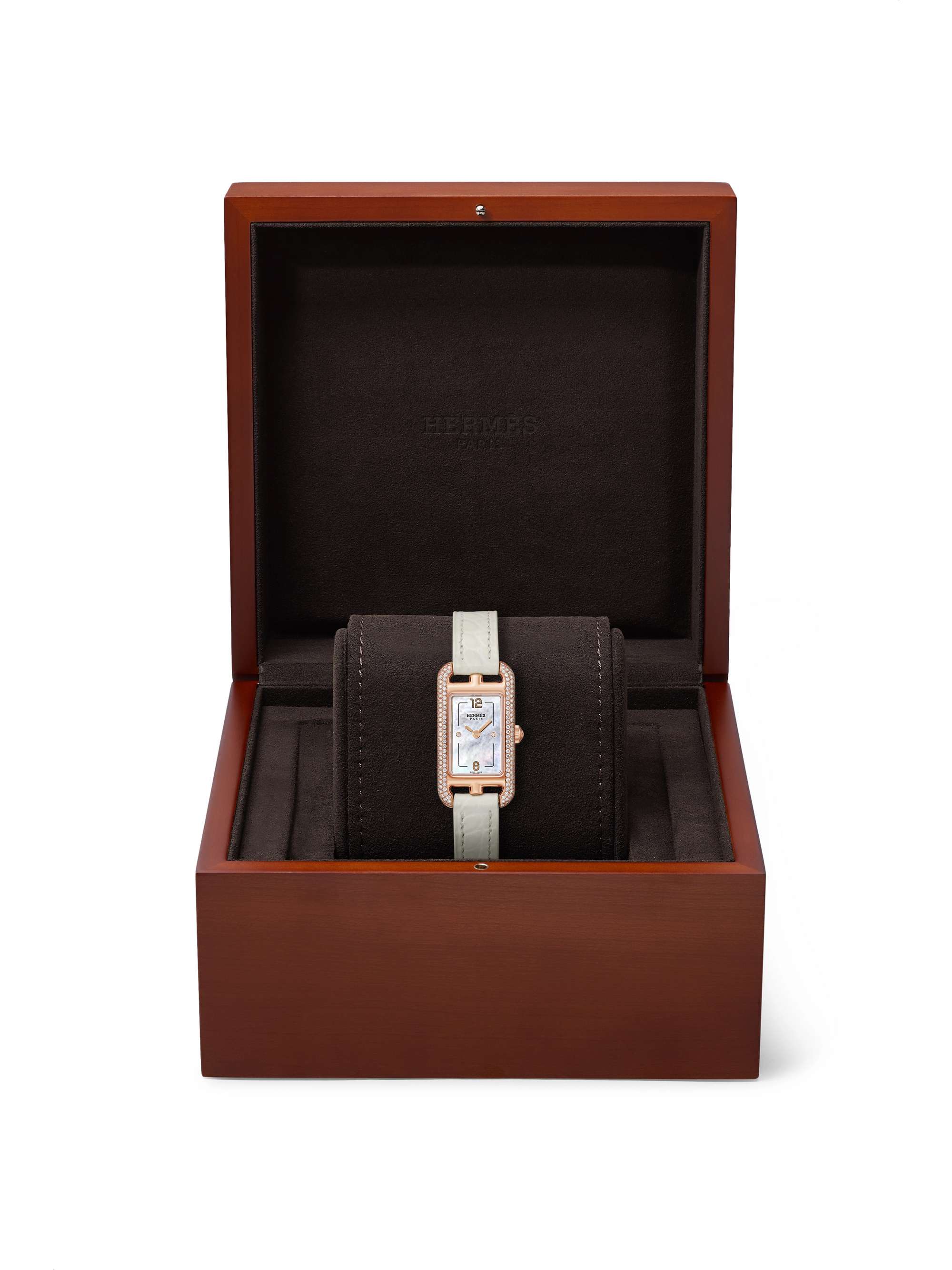 HERMÈS TIMEPIECES Nantucket 17mm very small 18-karat rose gold, alligator, mother-of-pearl and diamond watch