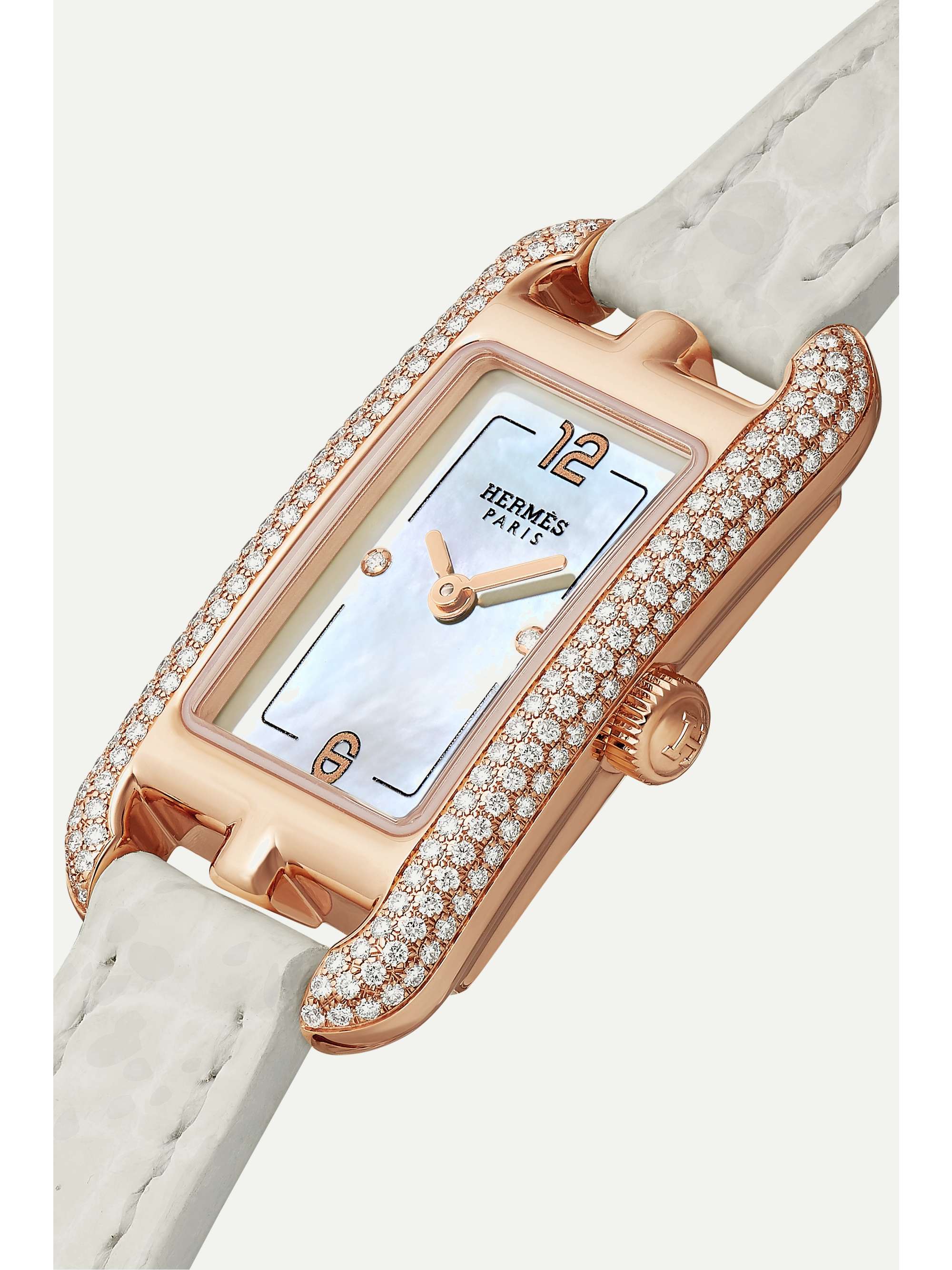 HERMÈS TIMEPIECES Nantucket 17mm very small 18-karat rose gold, alligator, mother-of-pearl and diamond watch