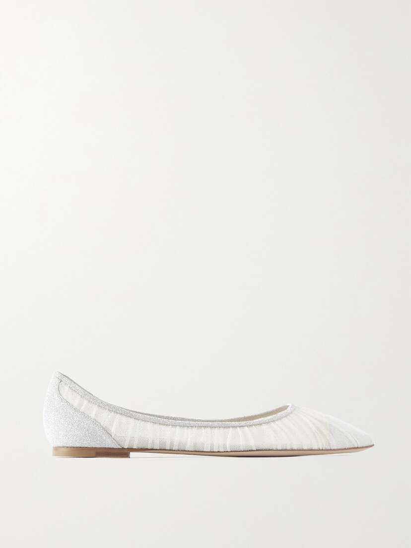 Jimmy Choo Love Glittered Tulle And Canvas Point-toe Flats