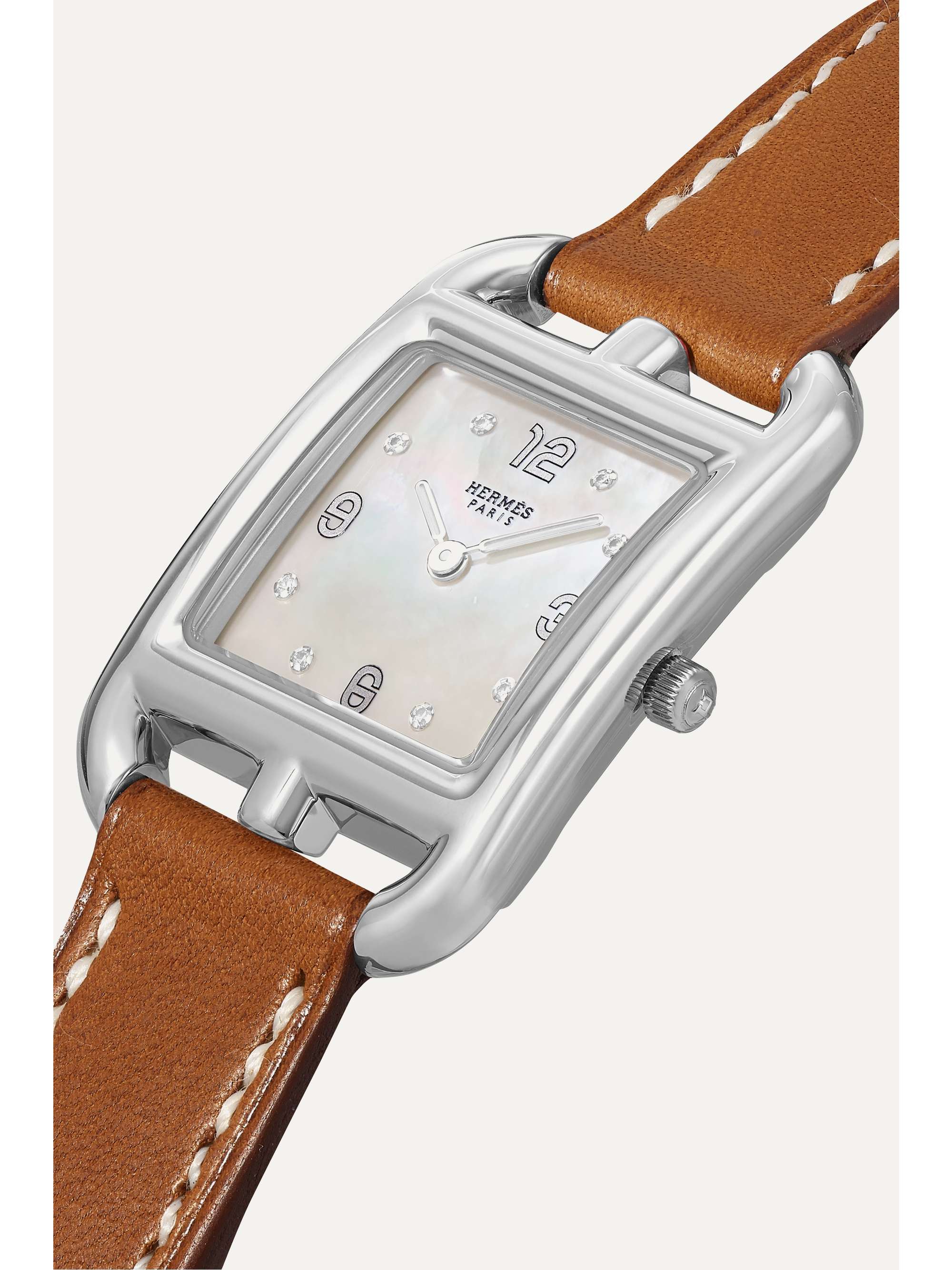 HERMÈS TIMEPIECES Montre en acier inoxydable, nacre et diamants à bracelet en cuir Cape Cod Small 23 mm