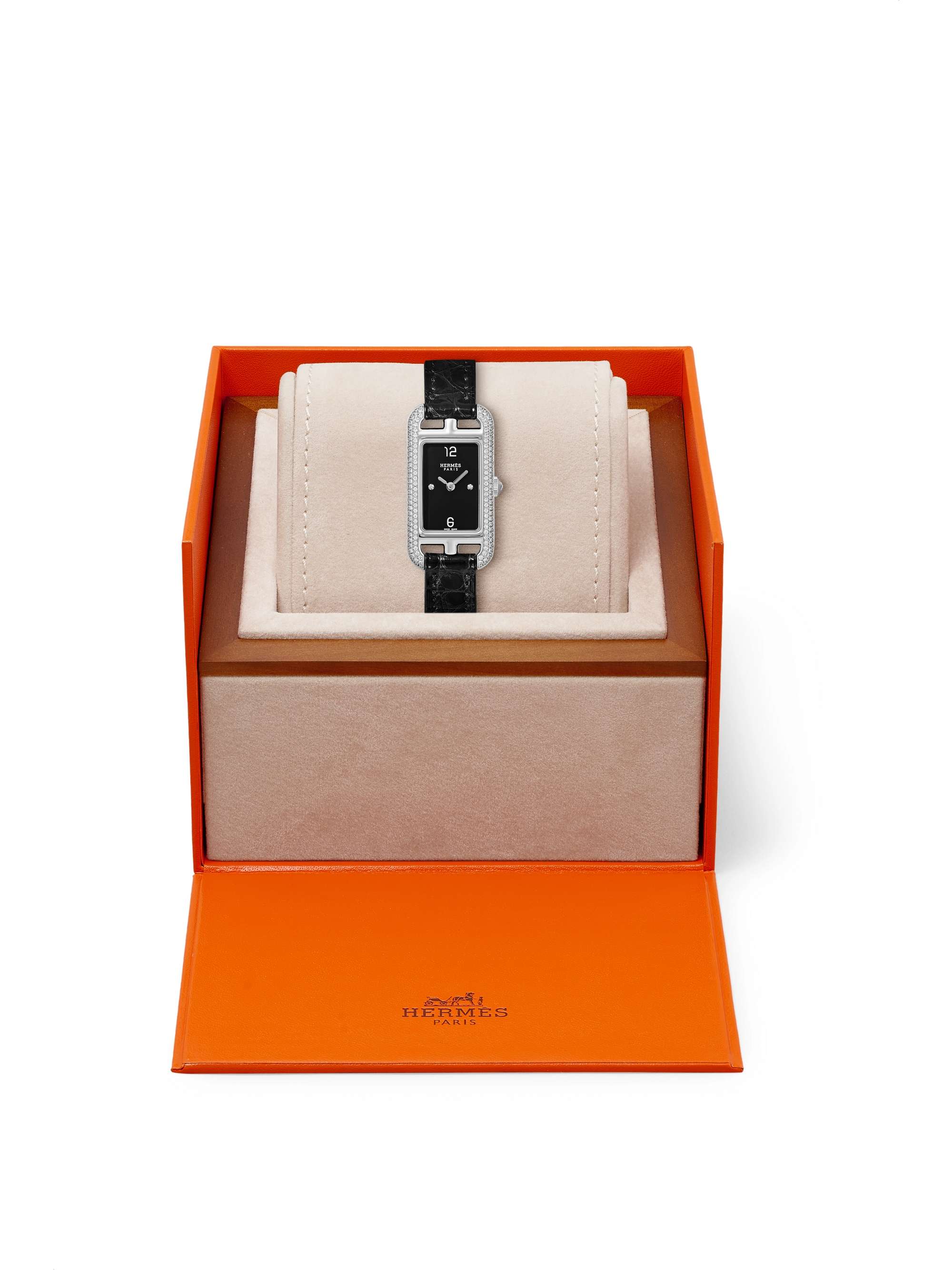 HERMÈS TIMEPIECES Nantucket 17 毫米钻石精钢超小号腕表（短吻鳄鱼皮表带）
