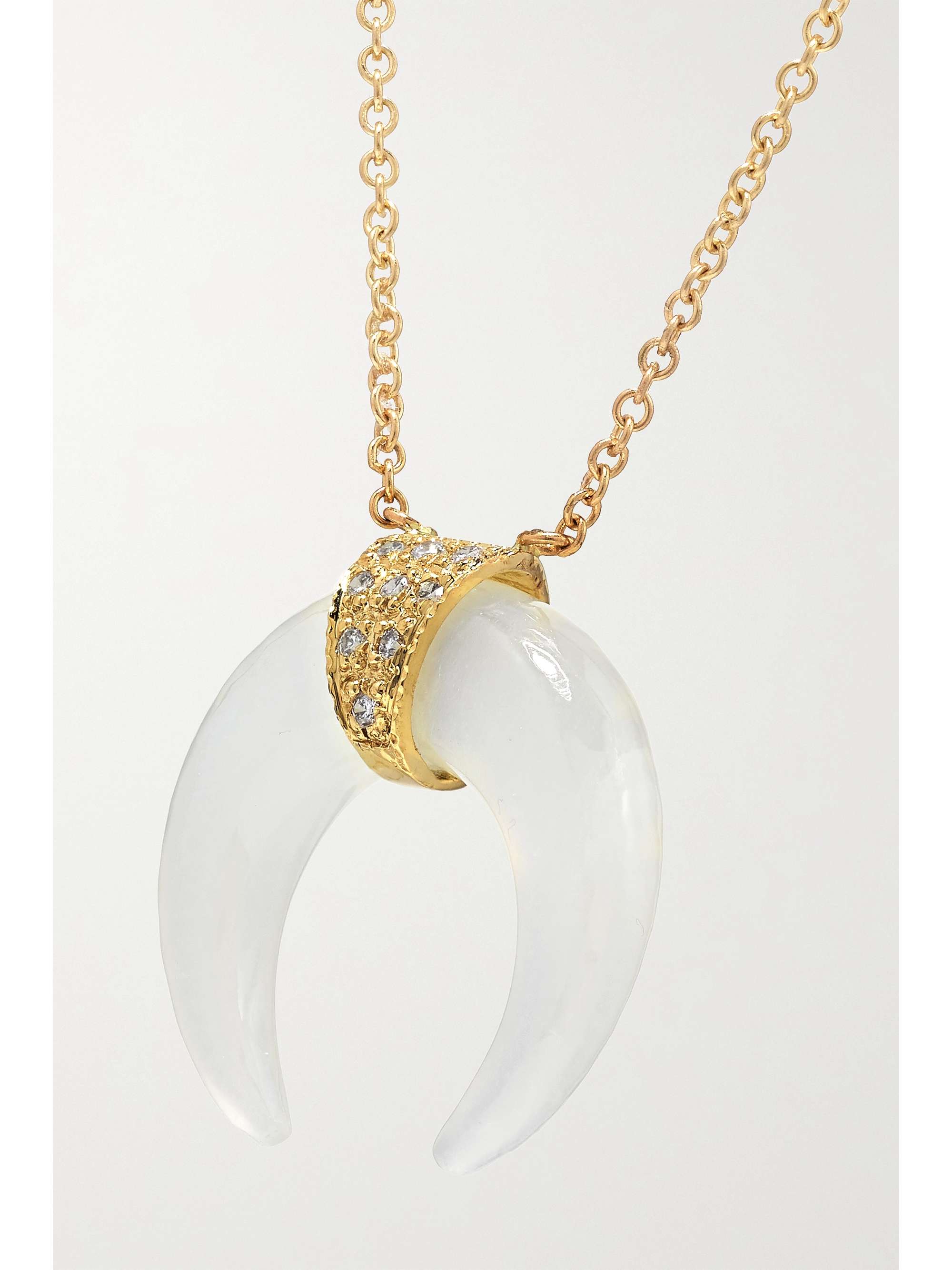 JACQUIE AICHE Mini Double Horn 14-karat gold, moonstone and diamond necklace