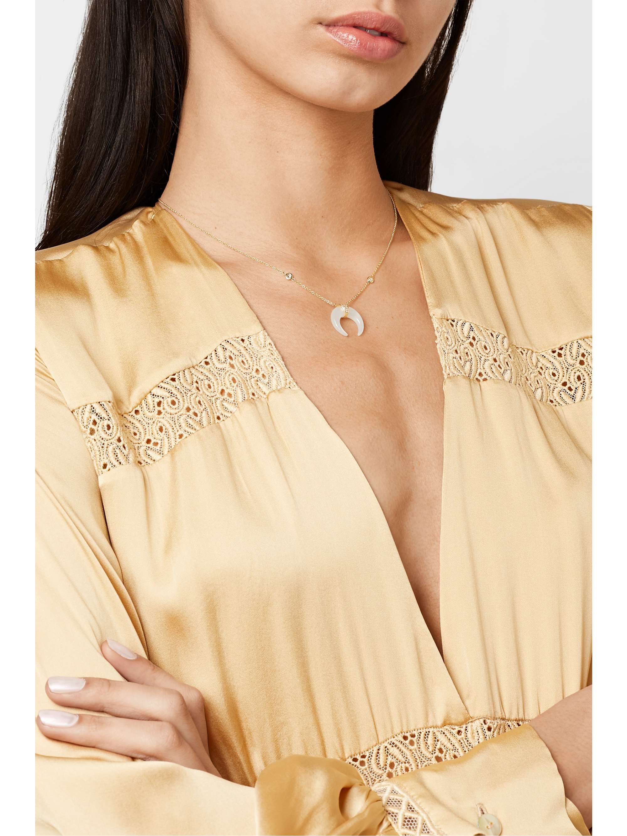 JACQUIE AICHE Mini Double Horn 14-karat gold, moonstone and diamond necklace