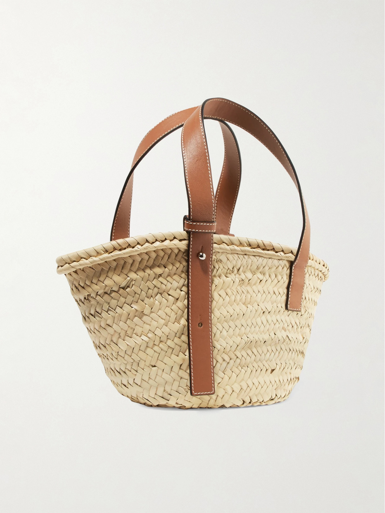 Shop Loewe Small Leather-trimmed Woven Raffia Tote In Tan