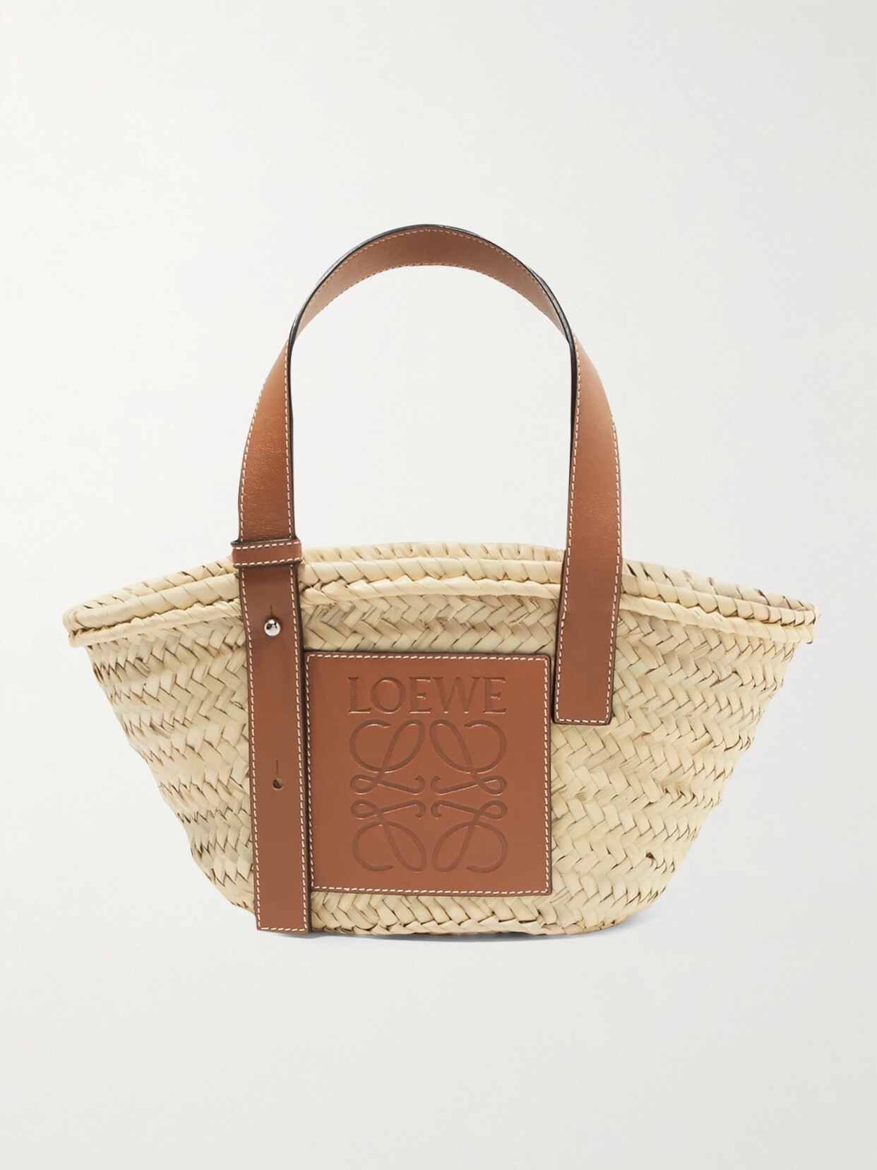 Shop Loewe Small Leather-trimmed Woven Raffia Tote In Tan