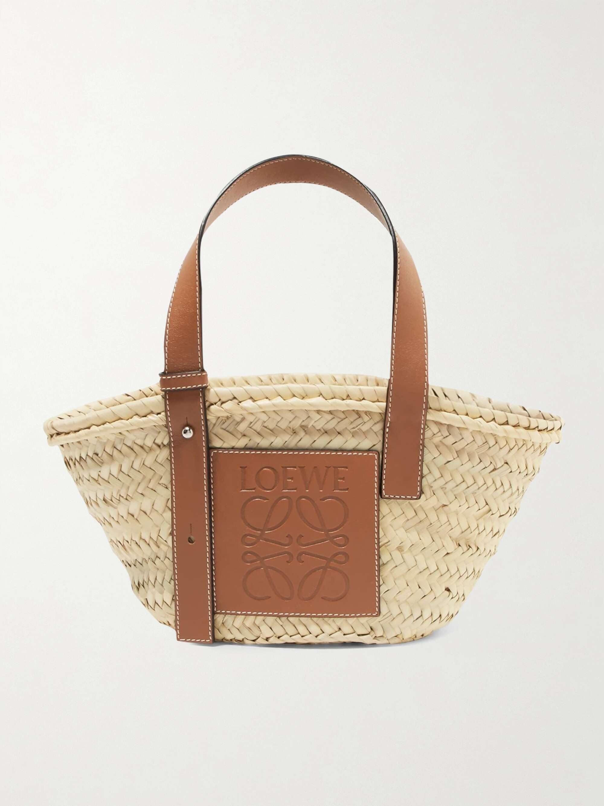 Loewe Logo Medium Raffia Basket Bag With Leather Trim