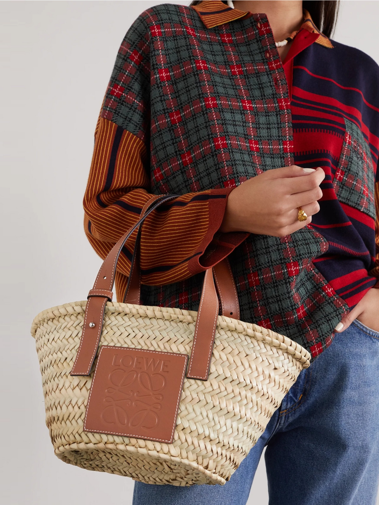 Shop Loewe Small Leather-trimmed Woven Raffia Tote In Tan