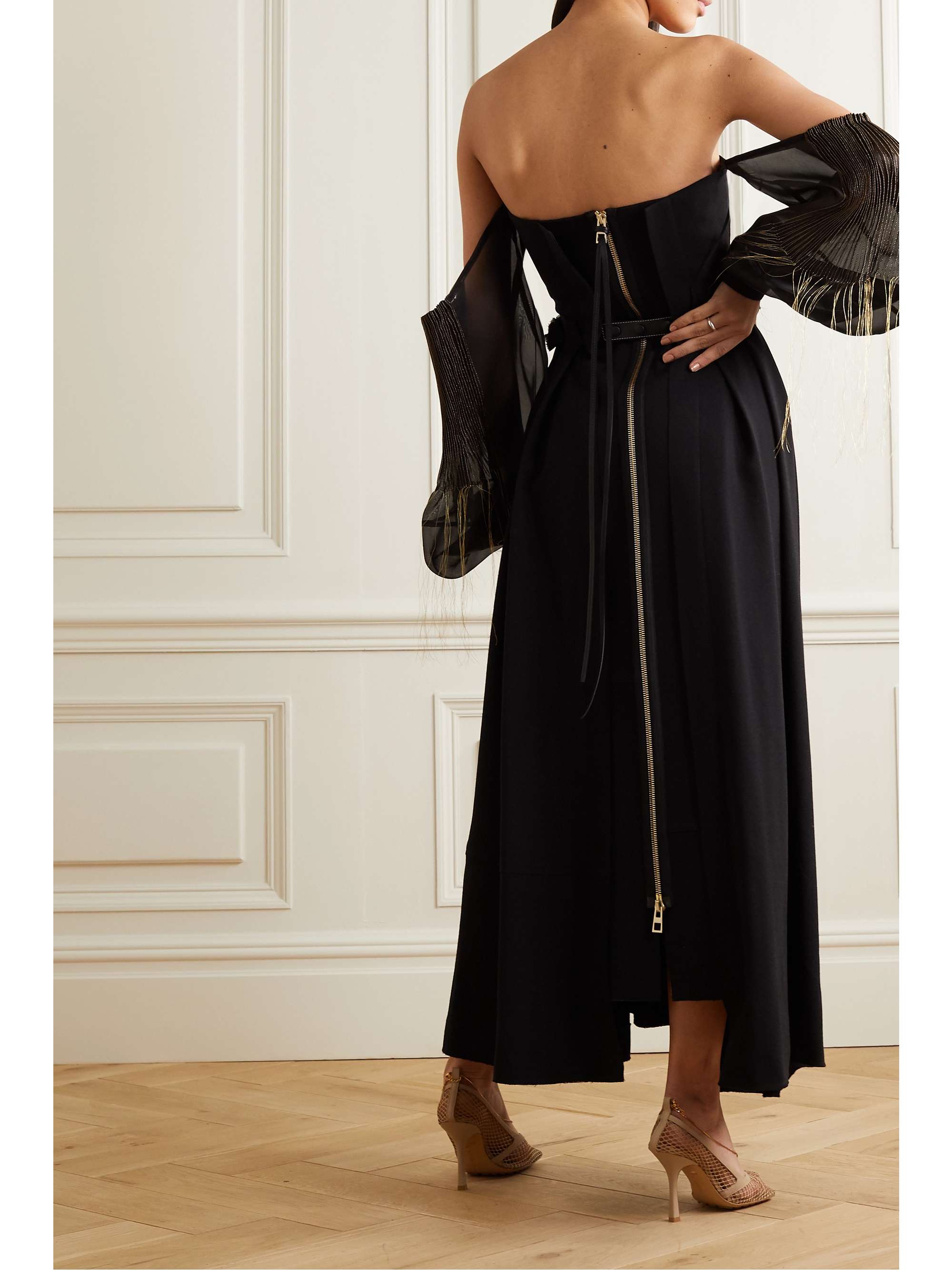 LOEWE Off-the-shoulder leather-trimmed wool and embroidered silk-organza gown
