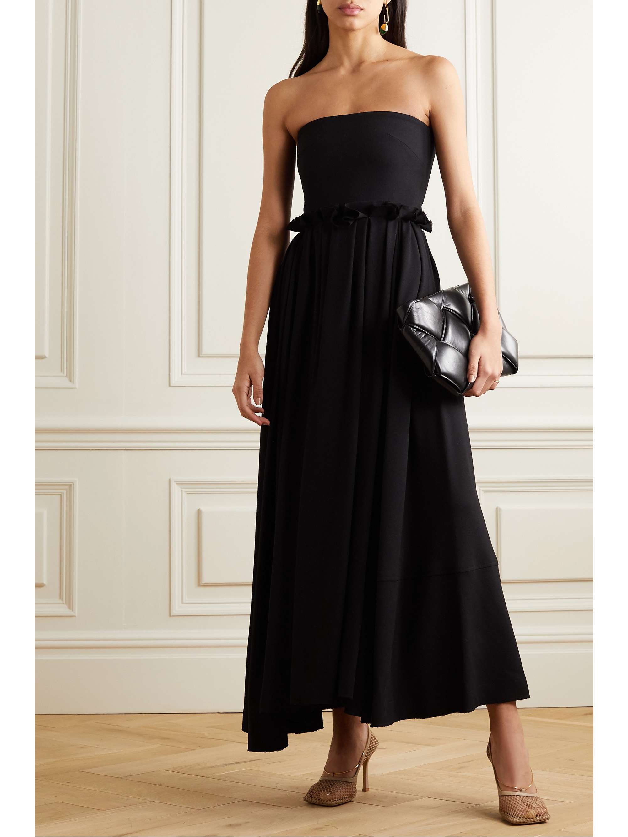 LOEWE Off-the-shoulder leather-trimmed wool and embroidered silk-organza gown
