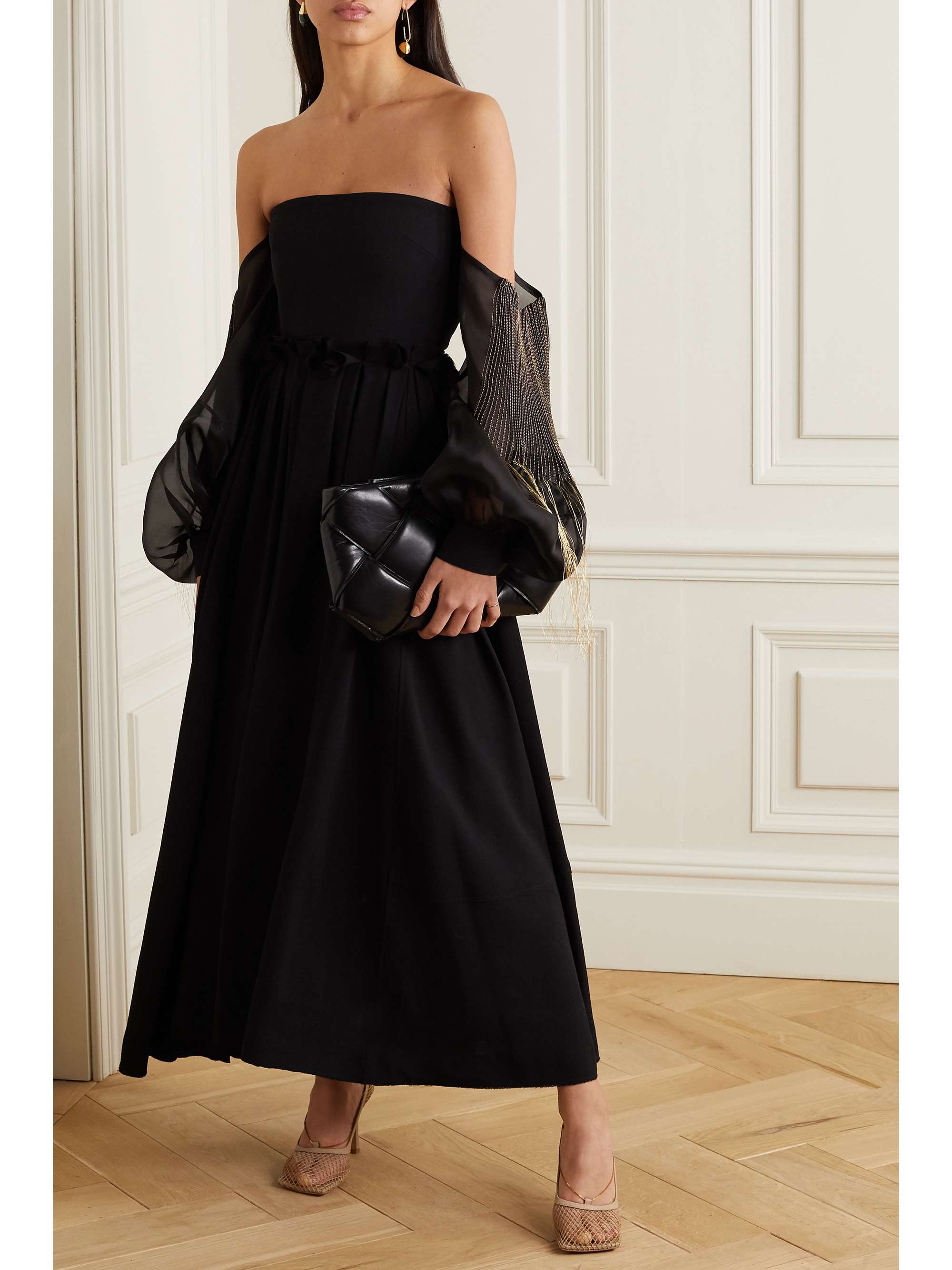 LOEWE Off-the-shoulder leather-trimmed wool and embroidered silk-organza gown