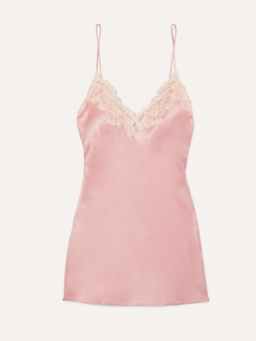 La Perla Maison Embroidered Lace-trimmed Silk-blend Satin Chemise
