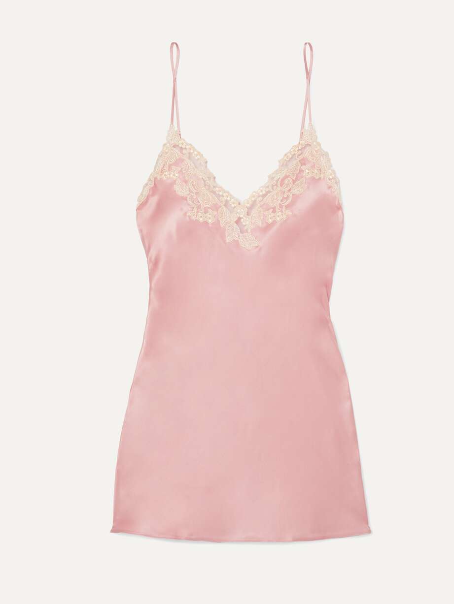 LA PERLA Maison embroidered lacetrimmed silkblend satin chemise NET