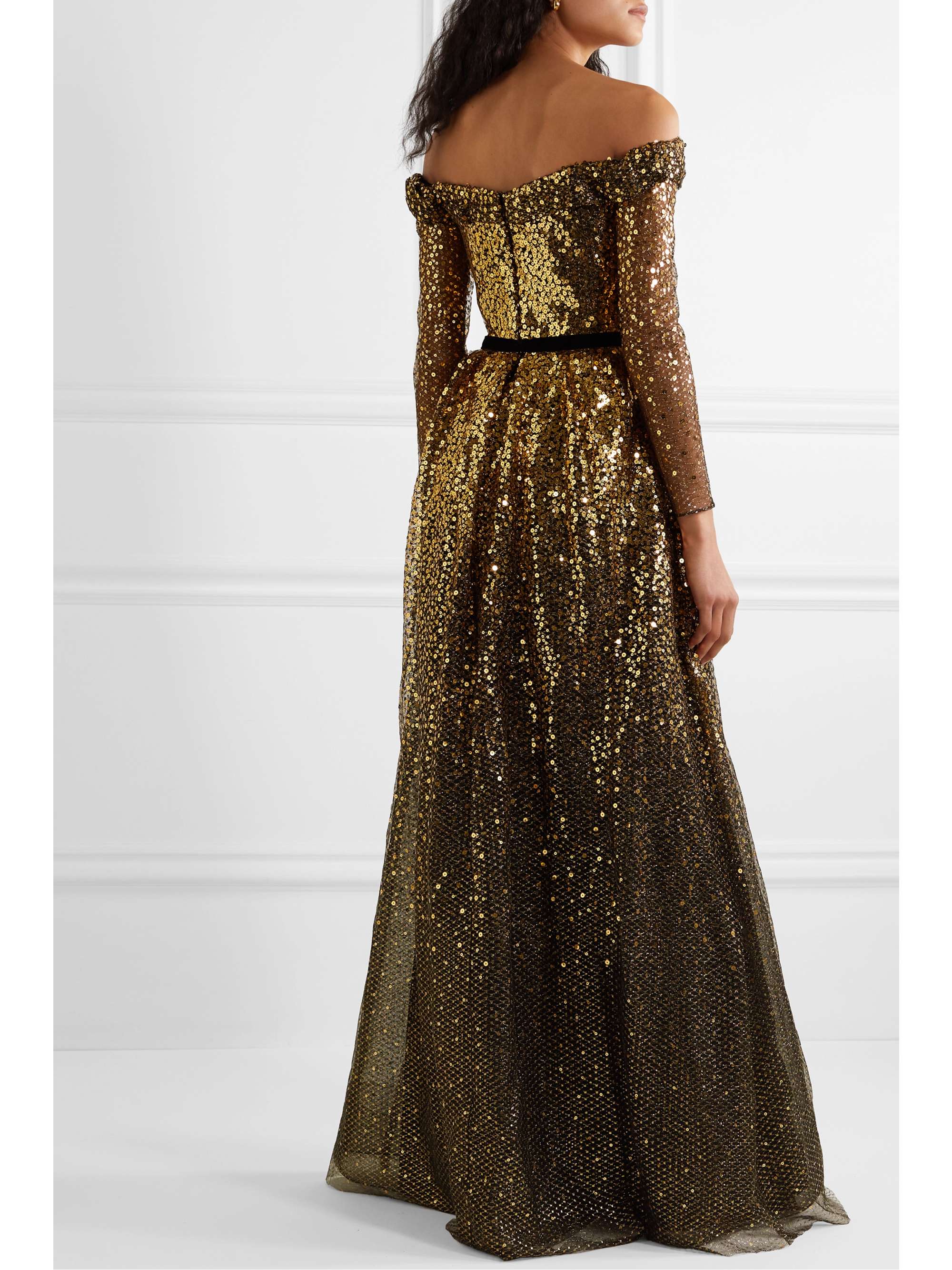 marchesa notte gold artwork sequin gown