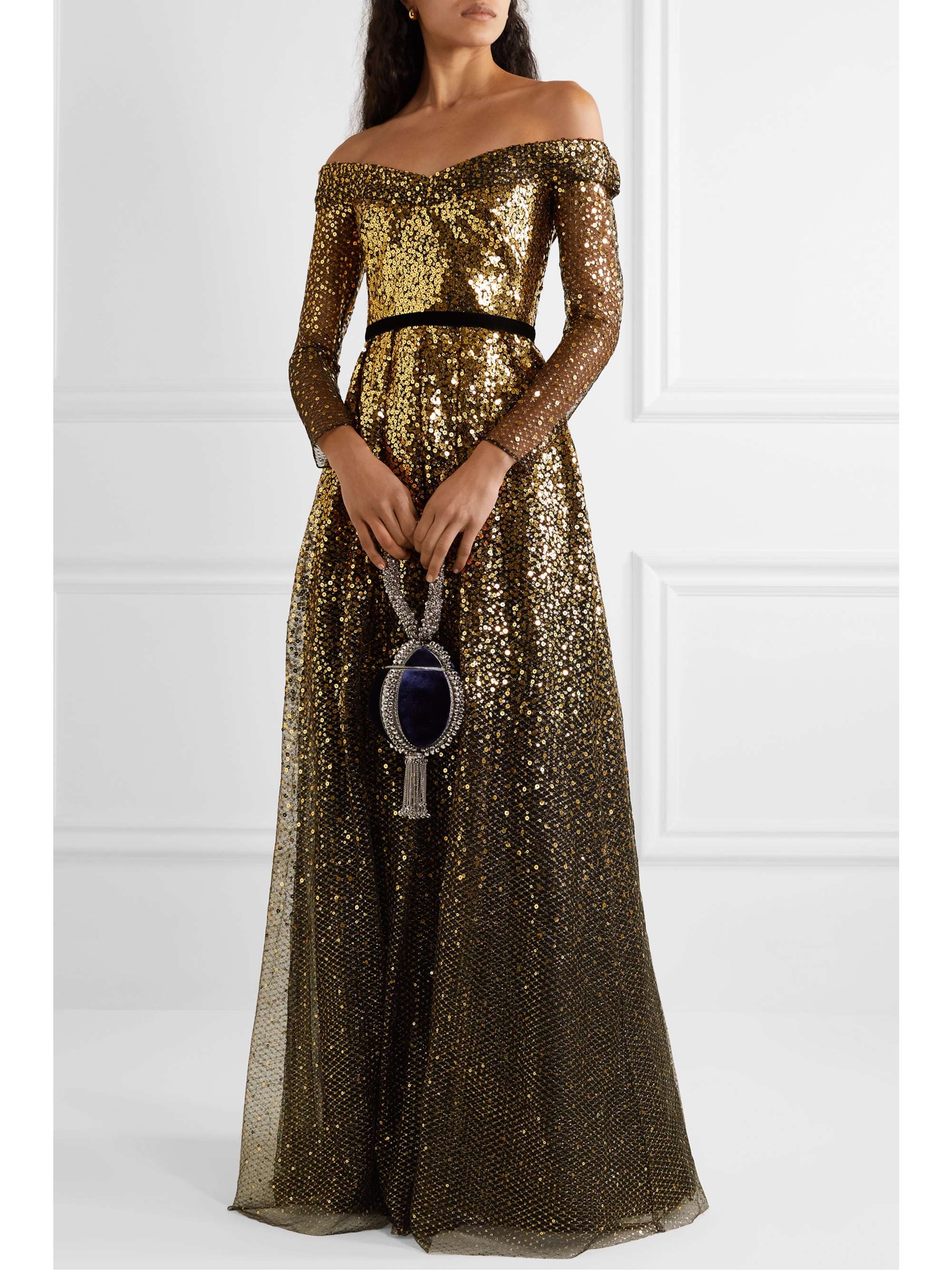 marchesa notte gold artwork sequin gown