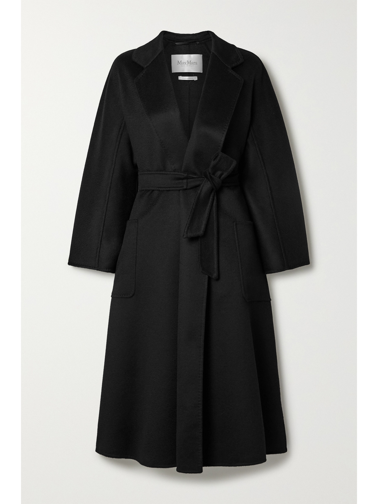 Max Mara Black Belted Long Coat With Notched Collar And Smooth Finish In Black