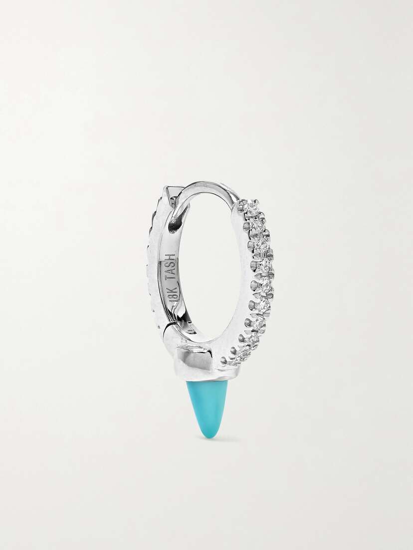 MARIA TASH 8mm 18-karat White Gold, Diamond And Turquoise Hoop Earring