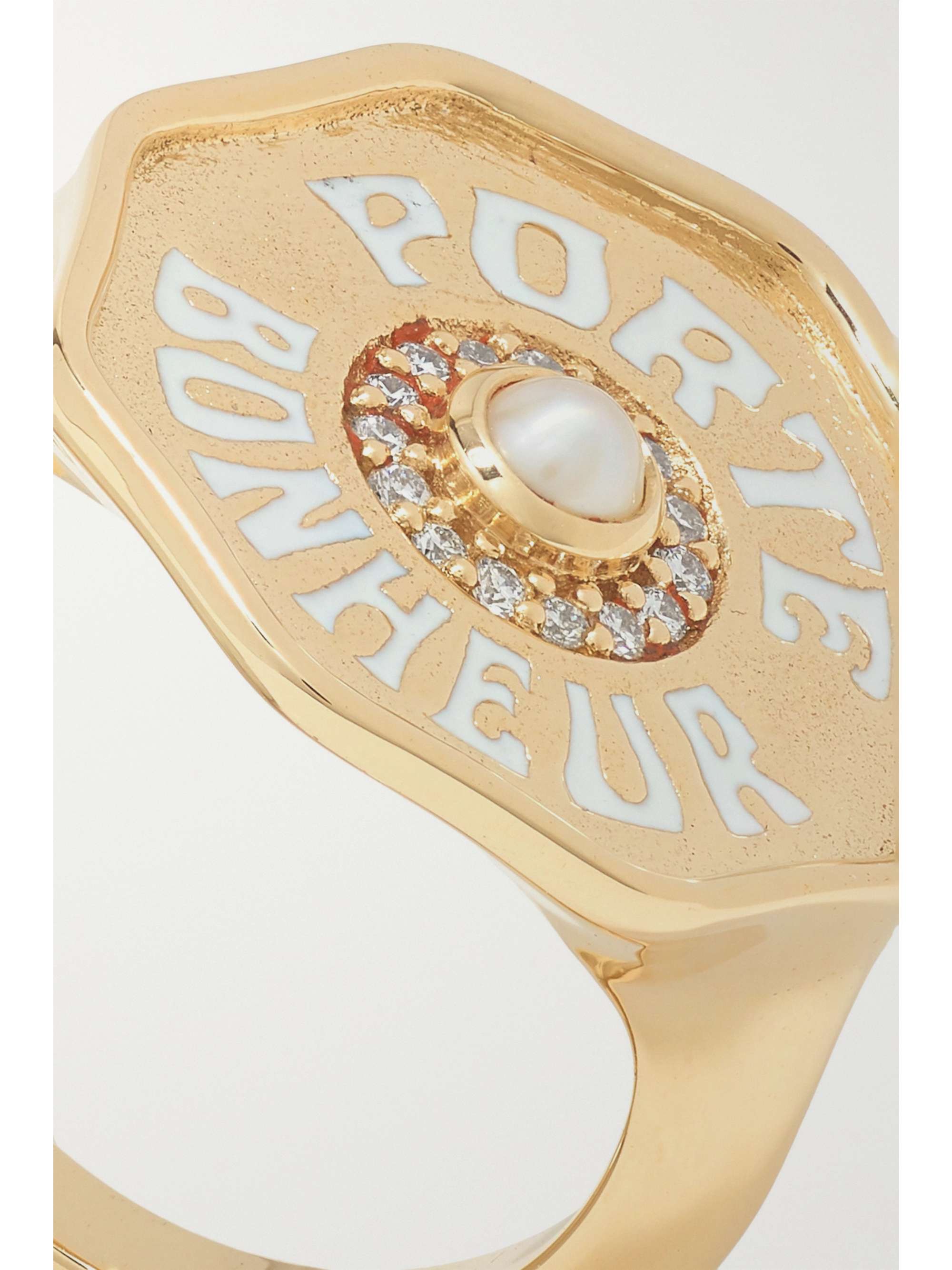 MARLO LAZ Porte Bonheur 14-karat gold, enamel, pearl and diamond ring