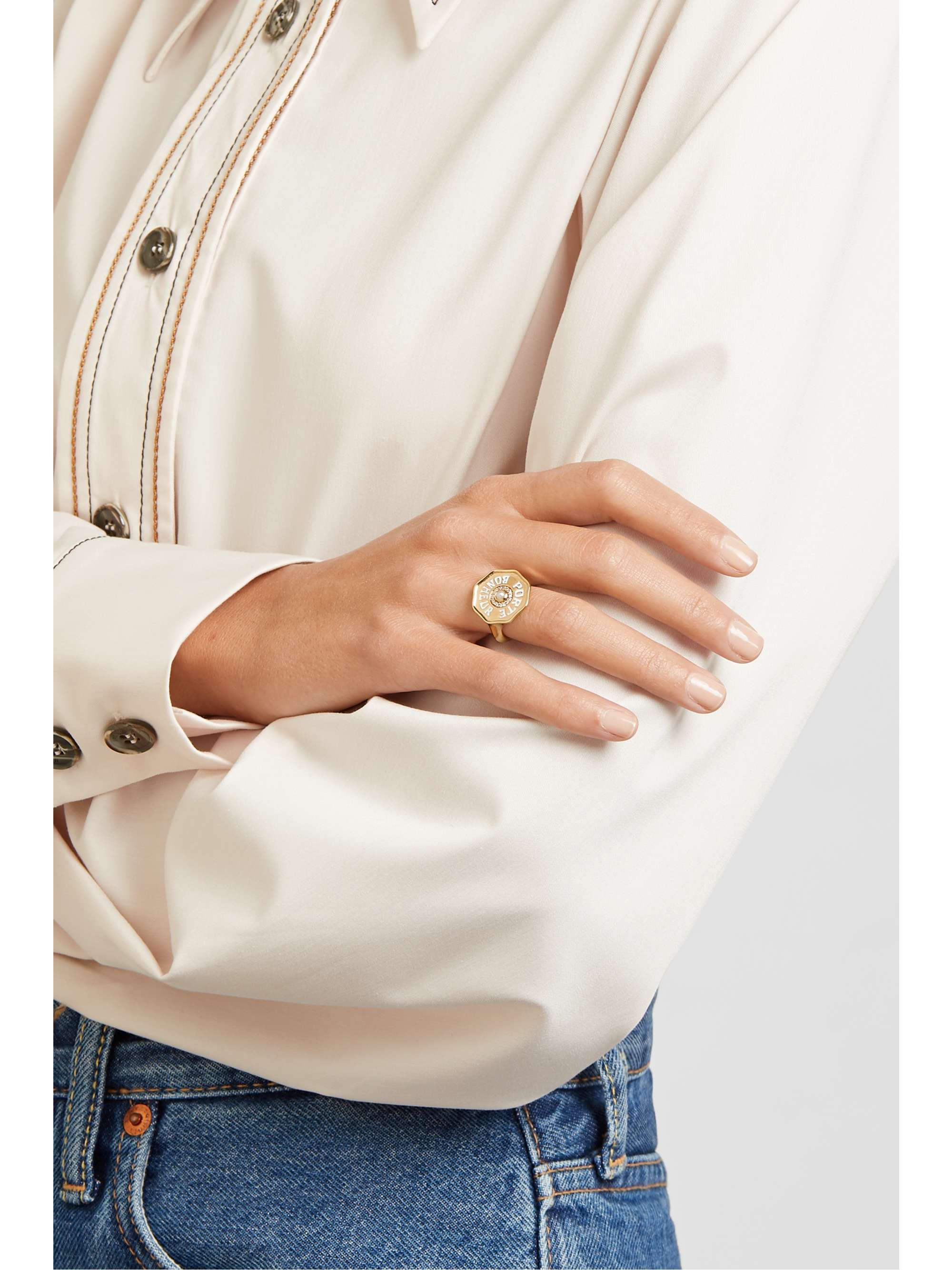 MARLO LAZ Porte Bonheur 14-karat gold, enamel, pearl and diamond ring