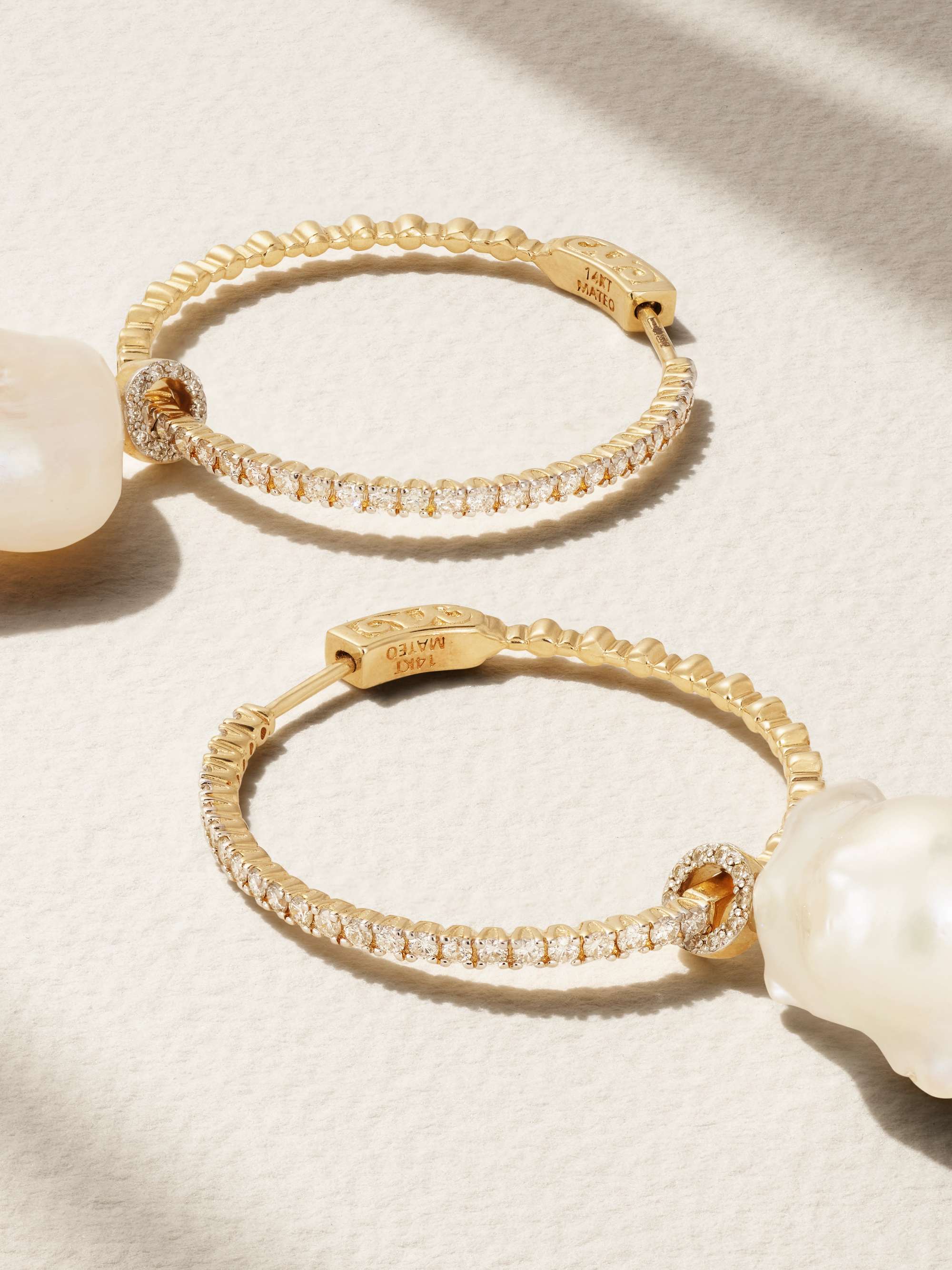 MATEO 14-karat gold, pearl and diamond hoop earrings