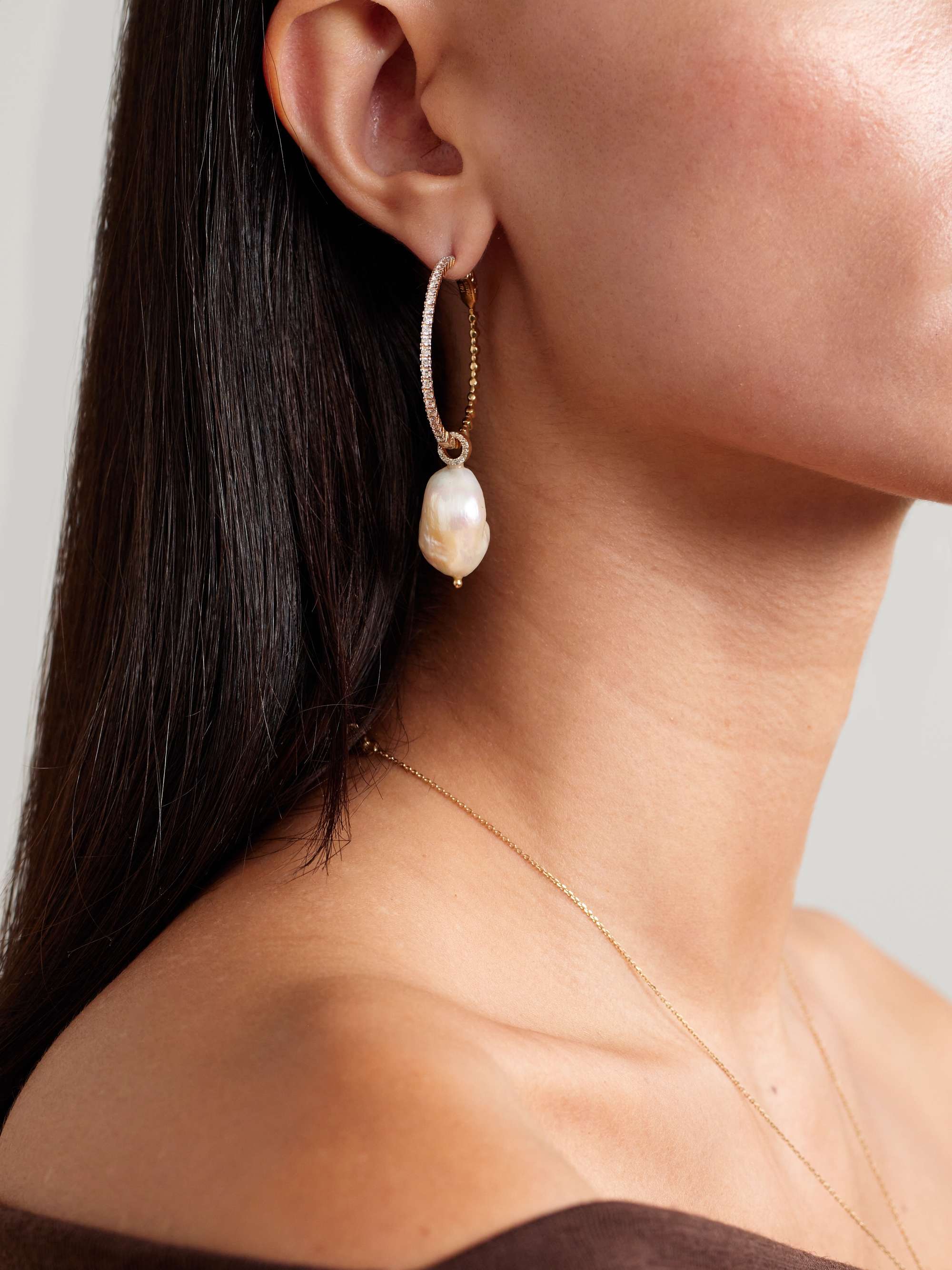 MATEO 14-karat gold, pearl and diamond hoop earrings