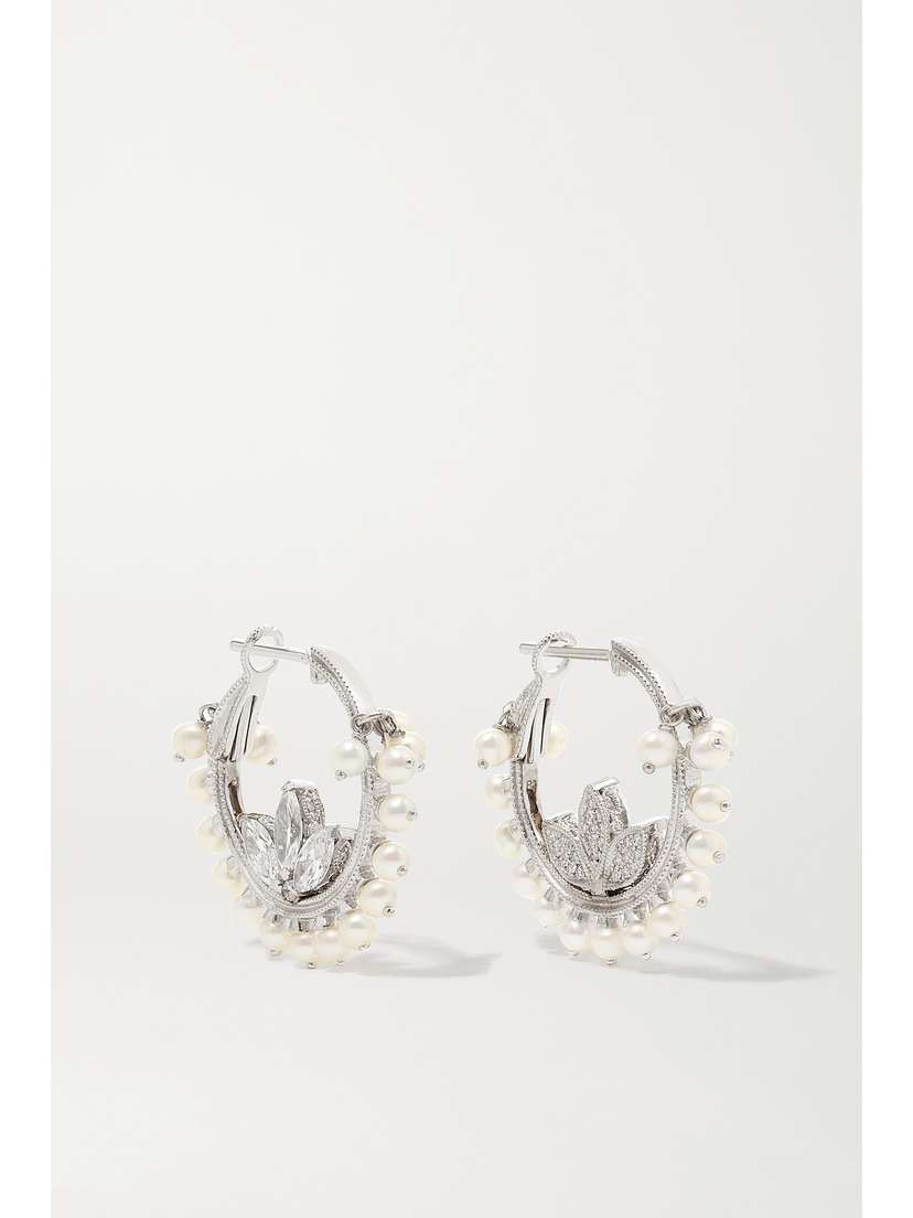 MARIA TASH Lotus 16mm 18-karat White Gold, Diamond And Pearl Hoop Earrings