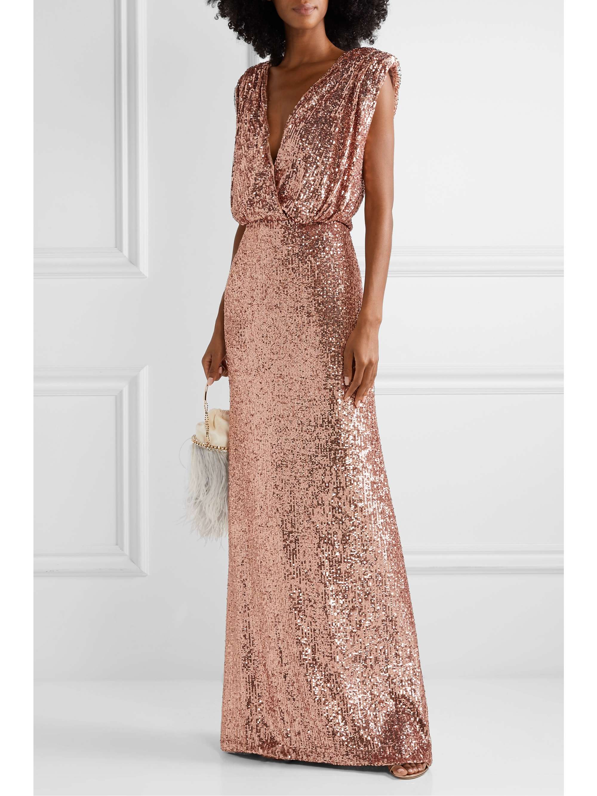 MONIQUE LHUILLIER Wrap-effect sequined stretch-tulle gown