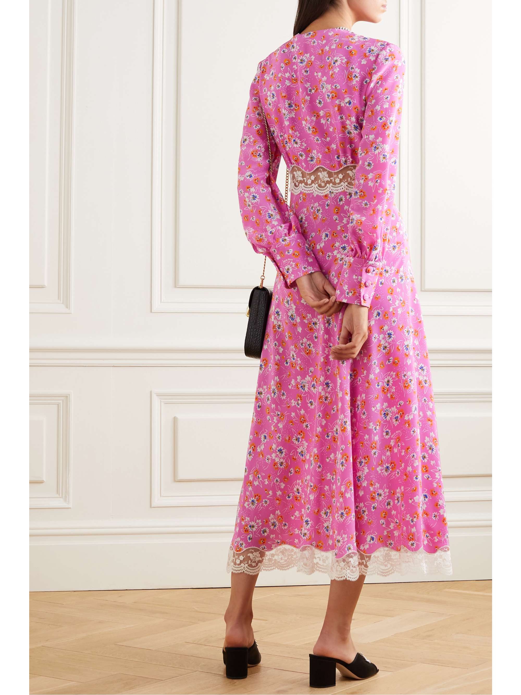 MIU MIU Lace-trimmed floral-print silk crepe de chine midi dress