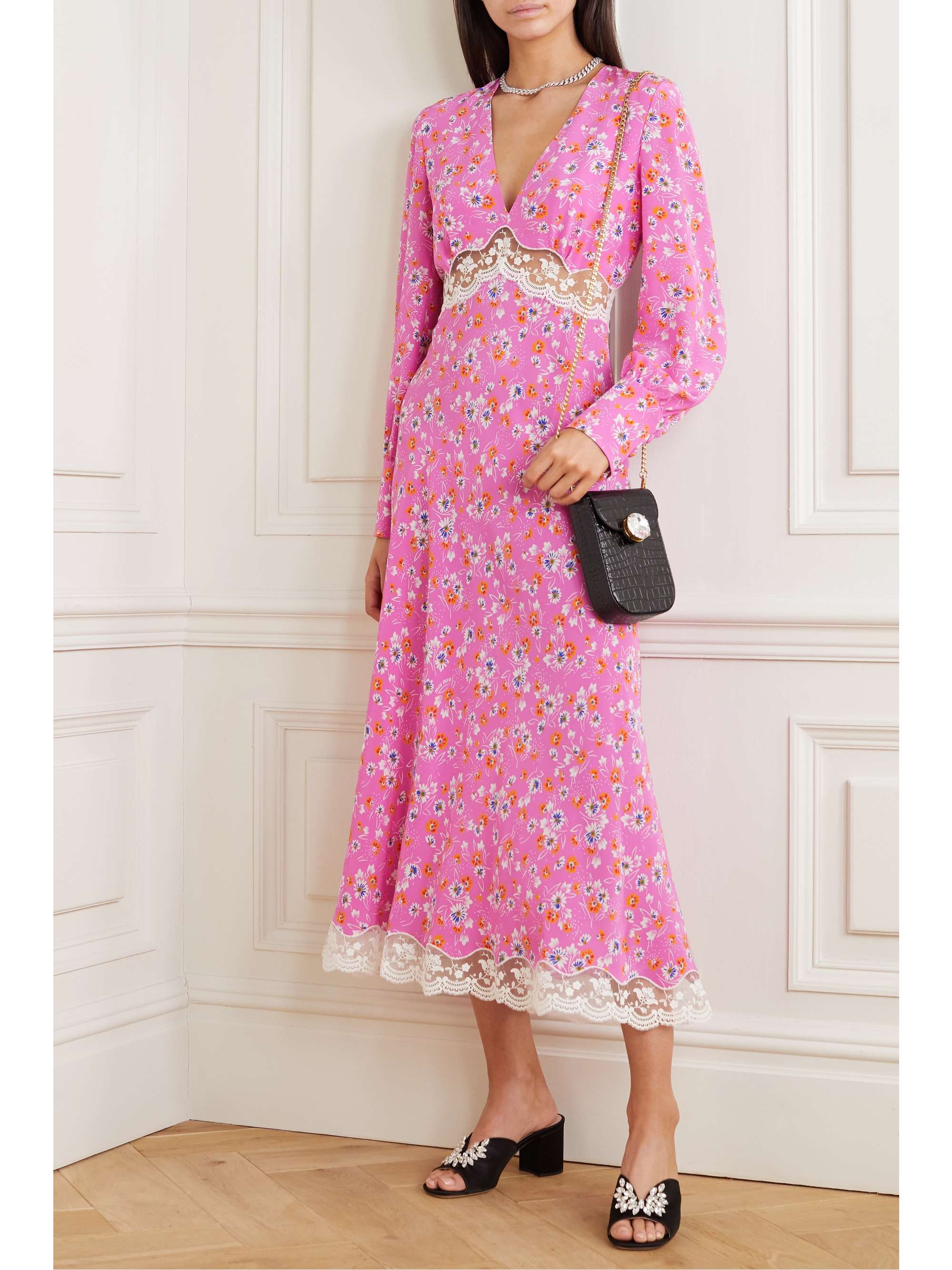 Pink Lace-trimmed floral-print silk crepe de chine midi dress | MIU MIU ...