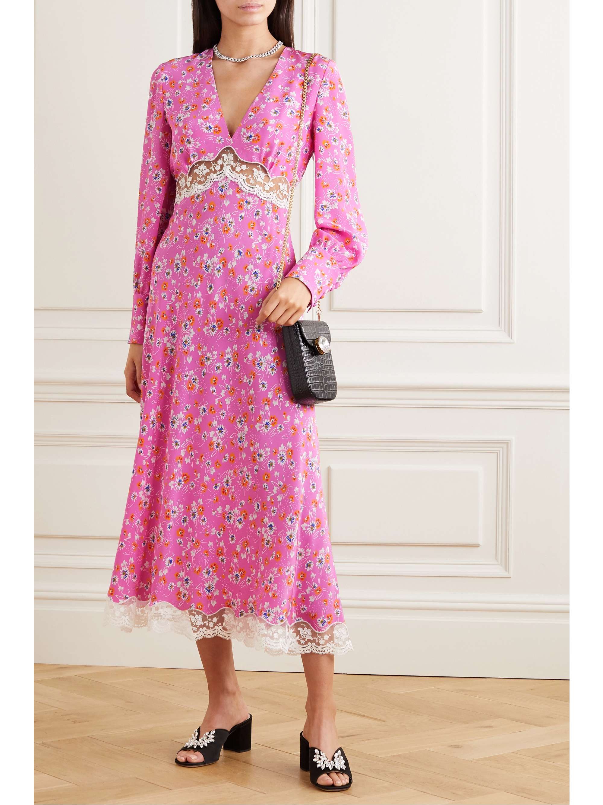 MIU MIU Lace-trimmed floral-print silk crepe de chine midi dress
