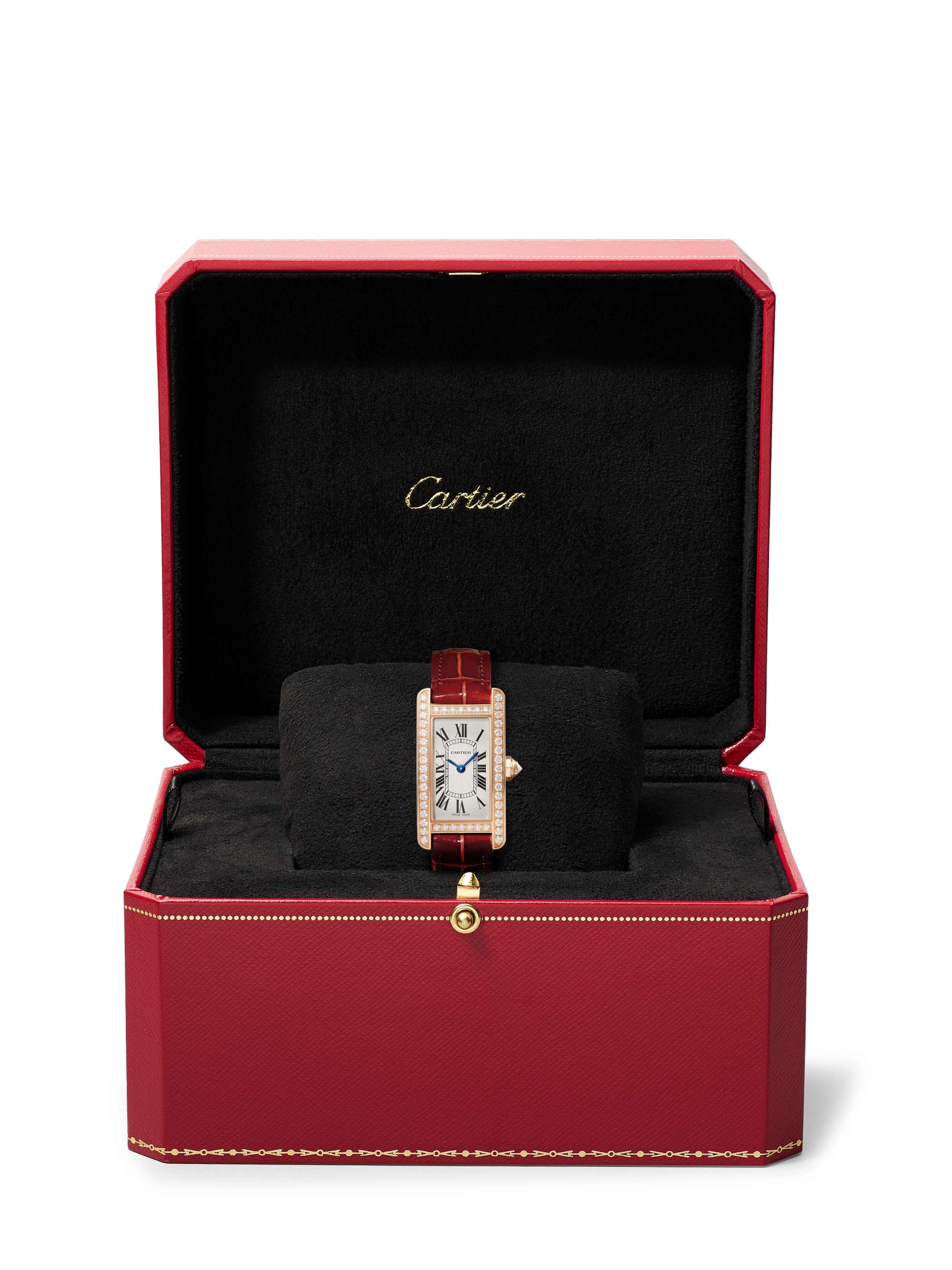 CARTIER Tank Américaine 34.8mm small 18-karat rose gold, alligator and diamond watch