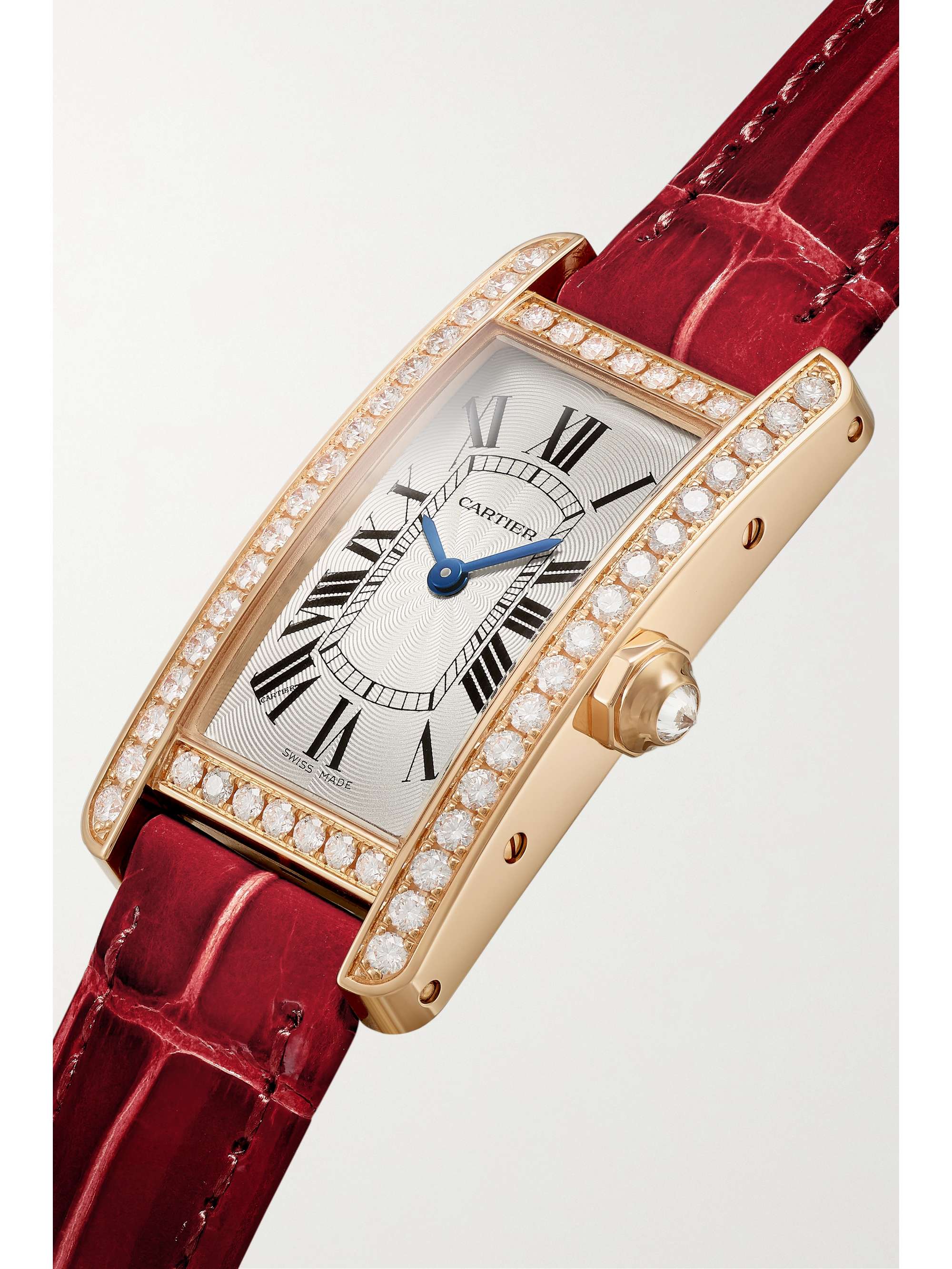 CARTIER Tank Américaine 34.8mm small 18-karat rose gold, alligator and diamond watch