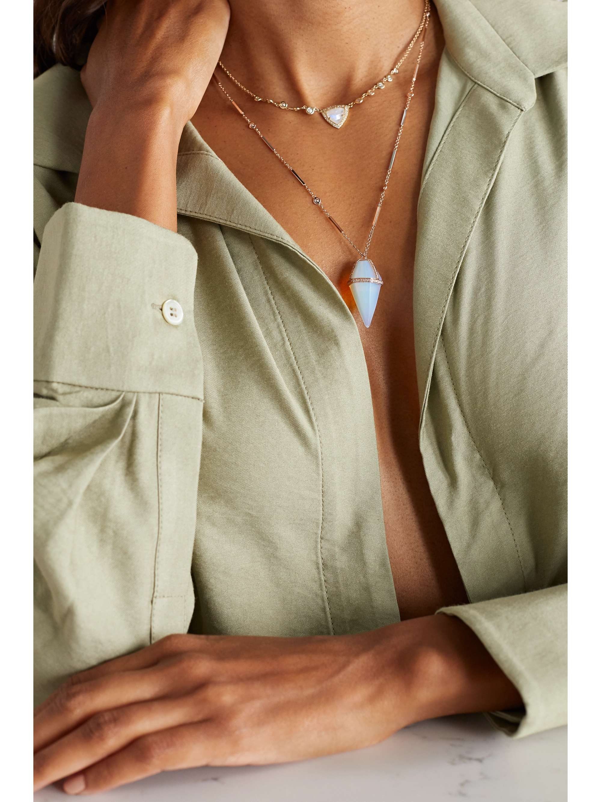 JACQUIE AICHE Pendulum 14-karat rose gold, opal and diamond necklace
