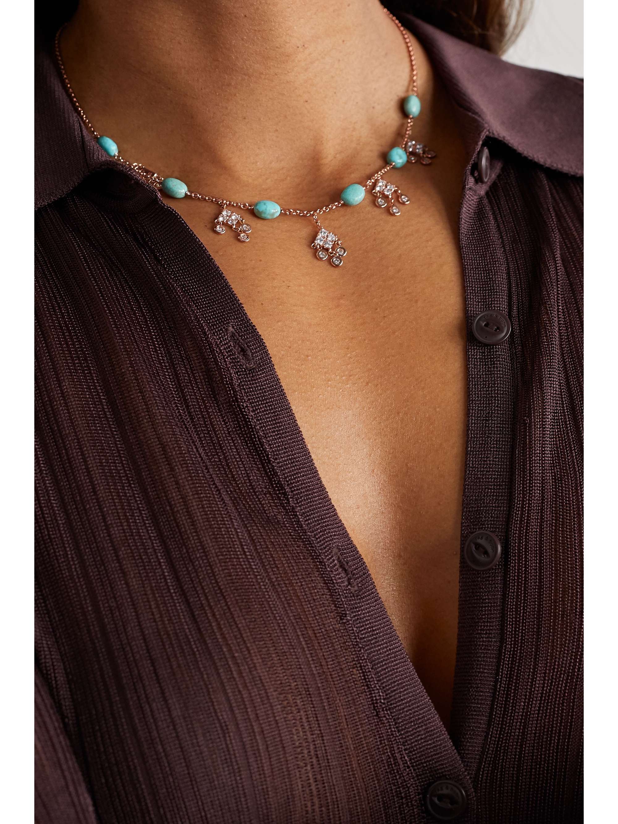 JACQUIE AICHE Shaker 14-karat rose gold, turquoise and diamond necklace