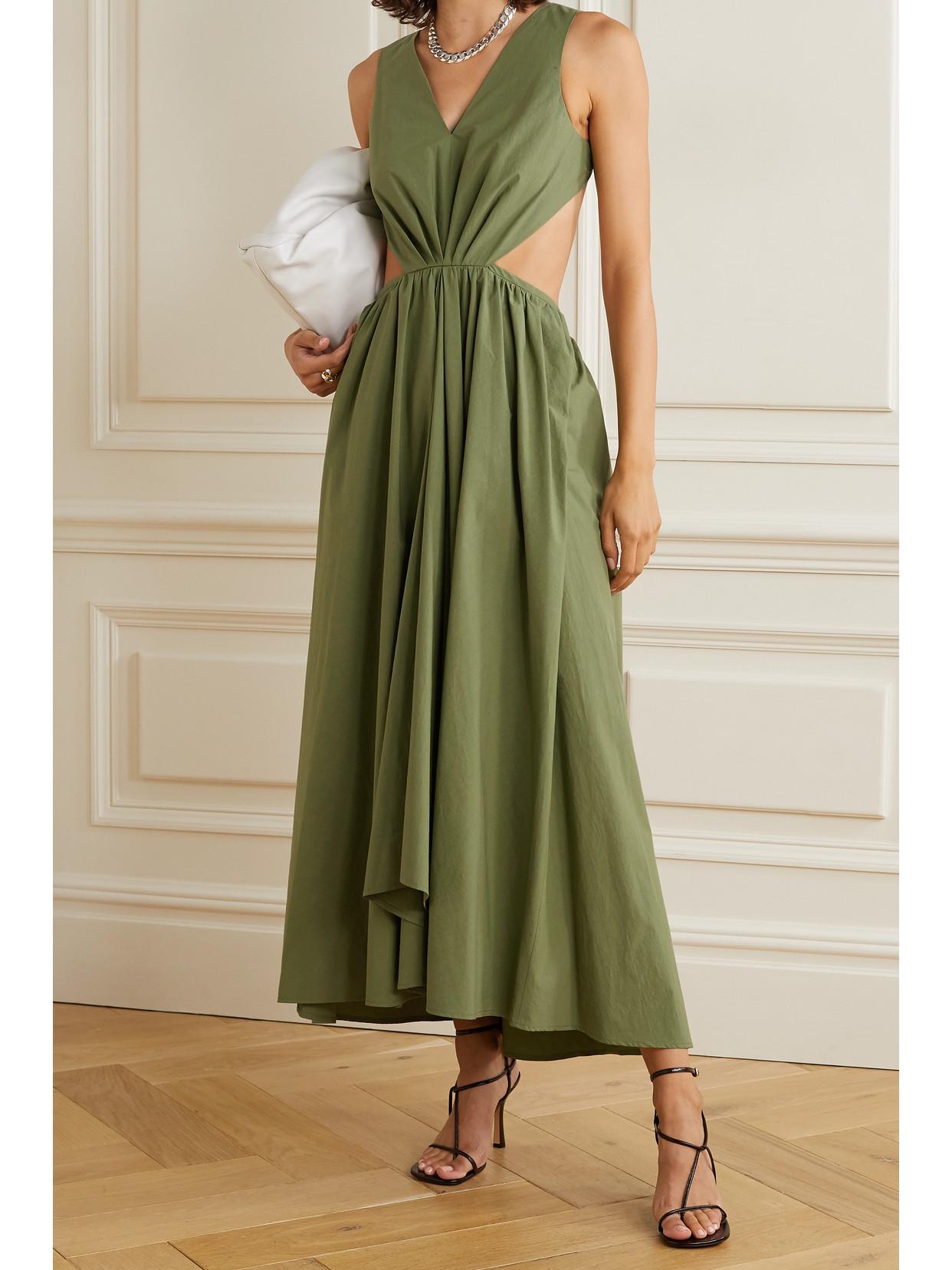 Deveaux Madelyn Cutout Cotton-poplin Dress In Green