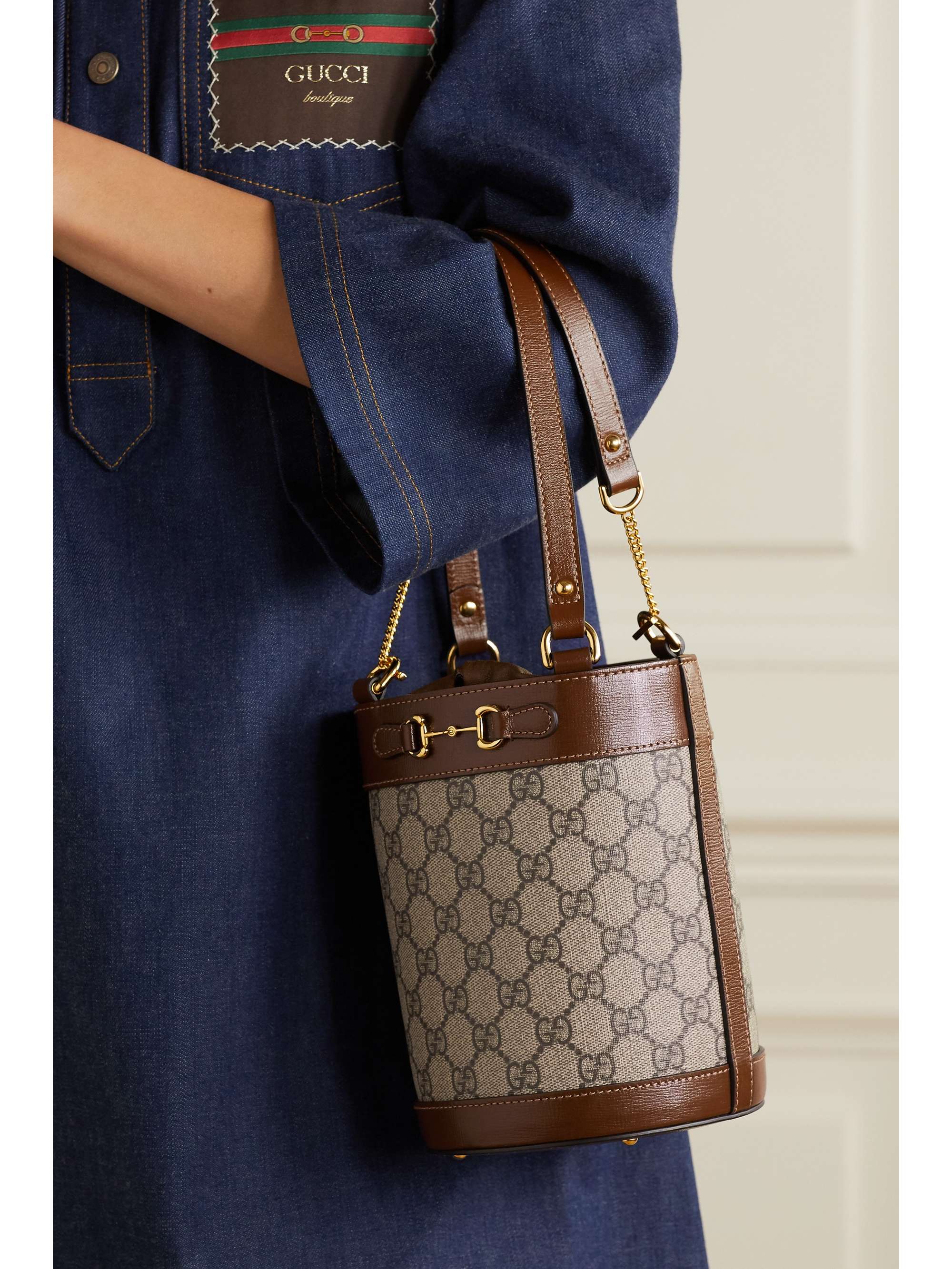 GUCCI 1955 Horsebit leather-trimmed printed coated-canvas bucket bag