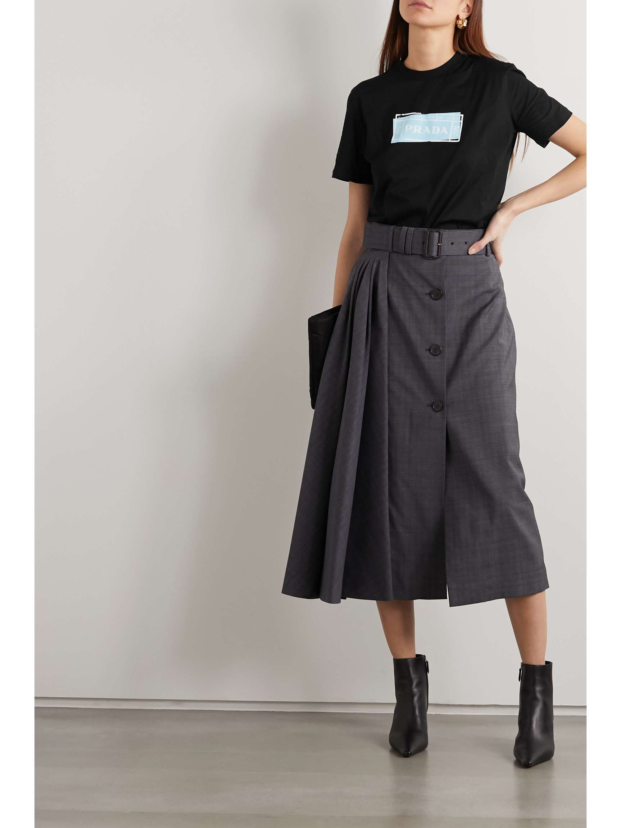 Leather-trimmed printed cotton-jersey 