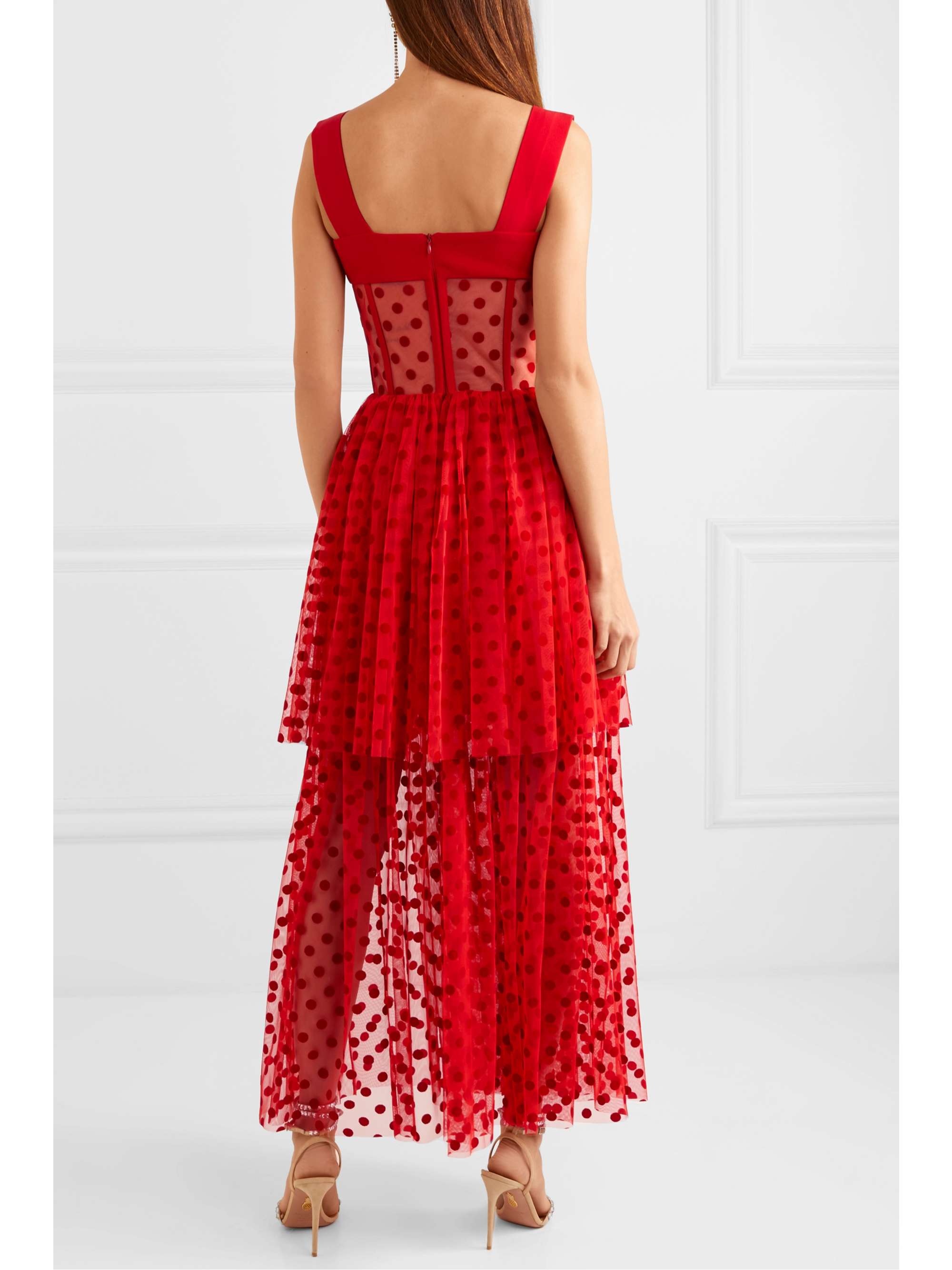 RASARIO Tiered polka-dot flocked tulle and cady gown