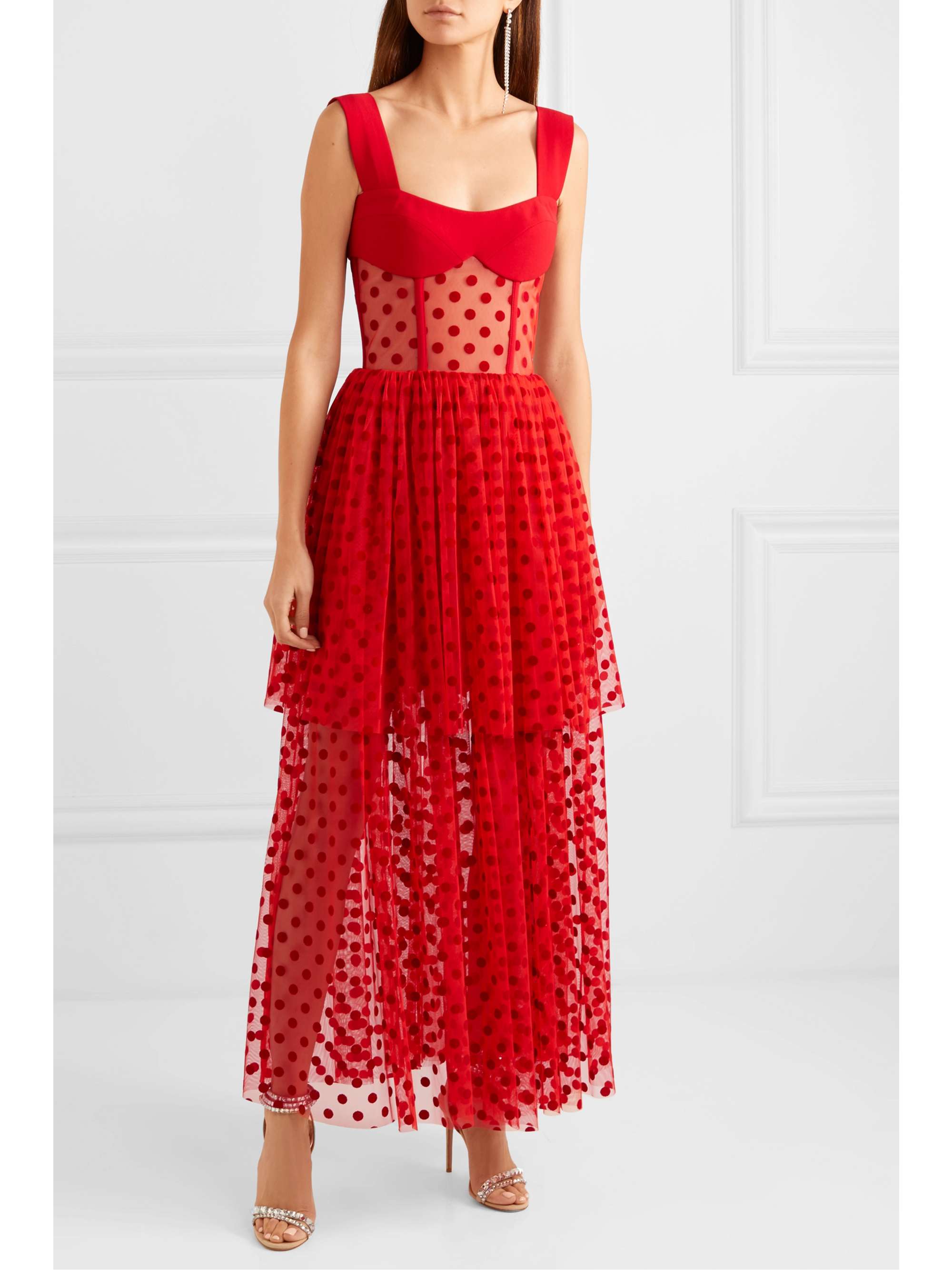 RASARIO Tiered polka-dot flocked tulle and cady gown